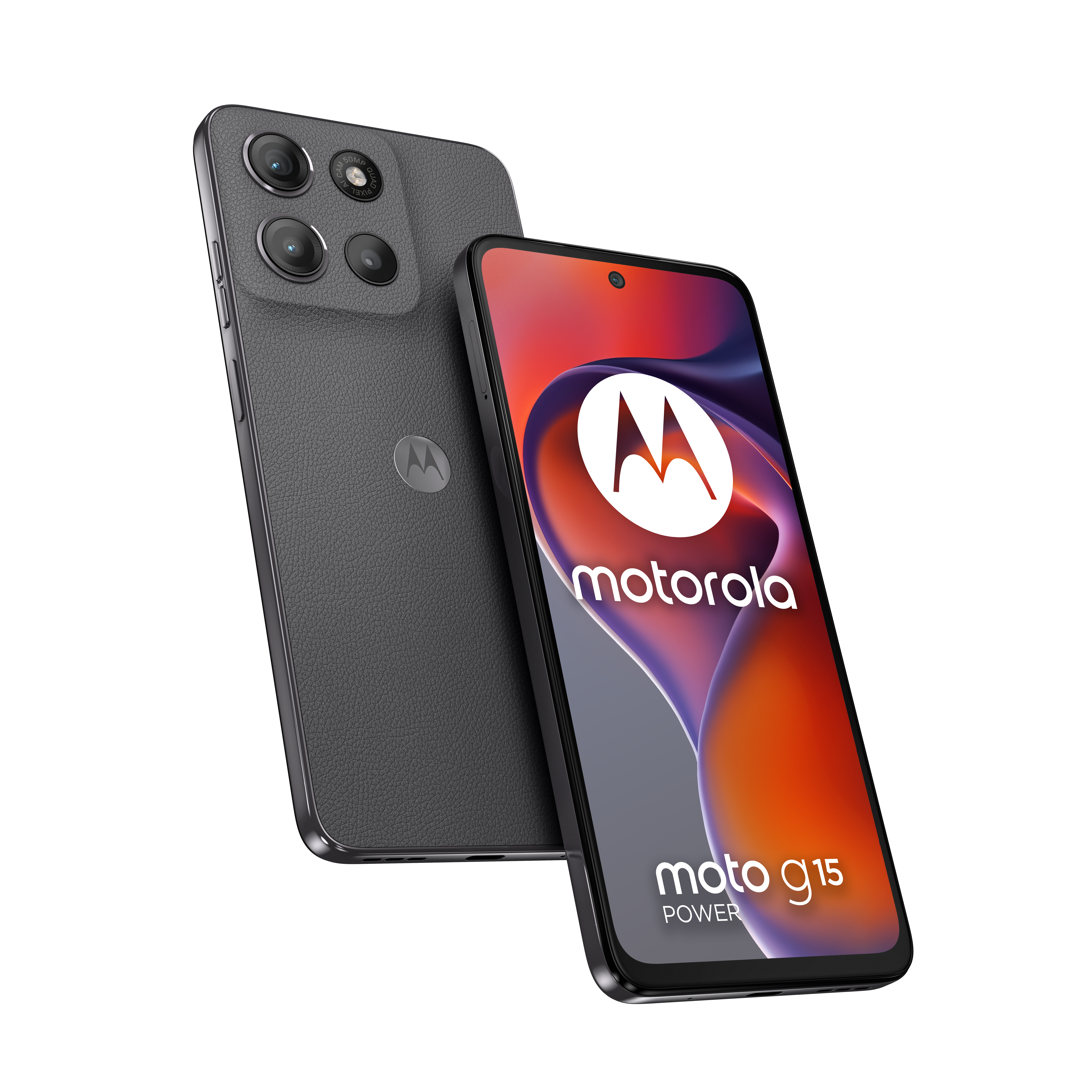 Szary smartfon Motorola Moto G15 Power z poczwórnym aparatem i teksturowaną skórą.
