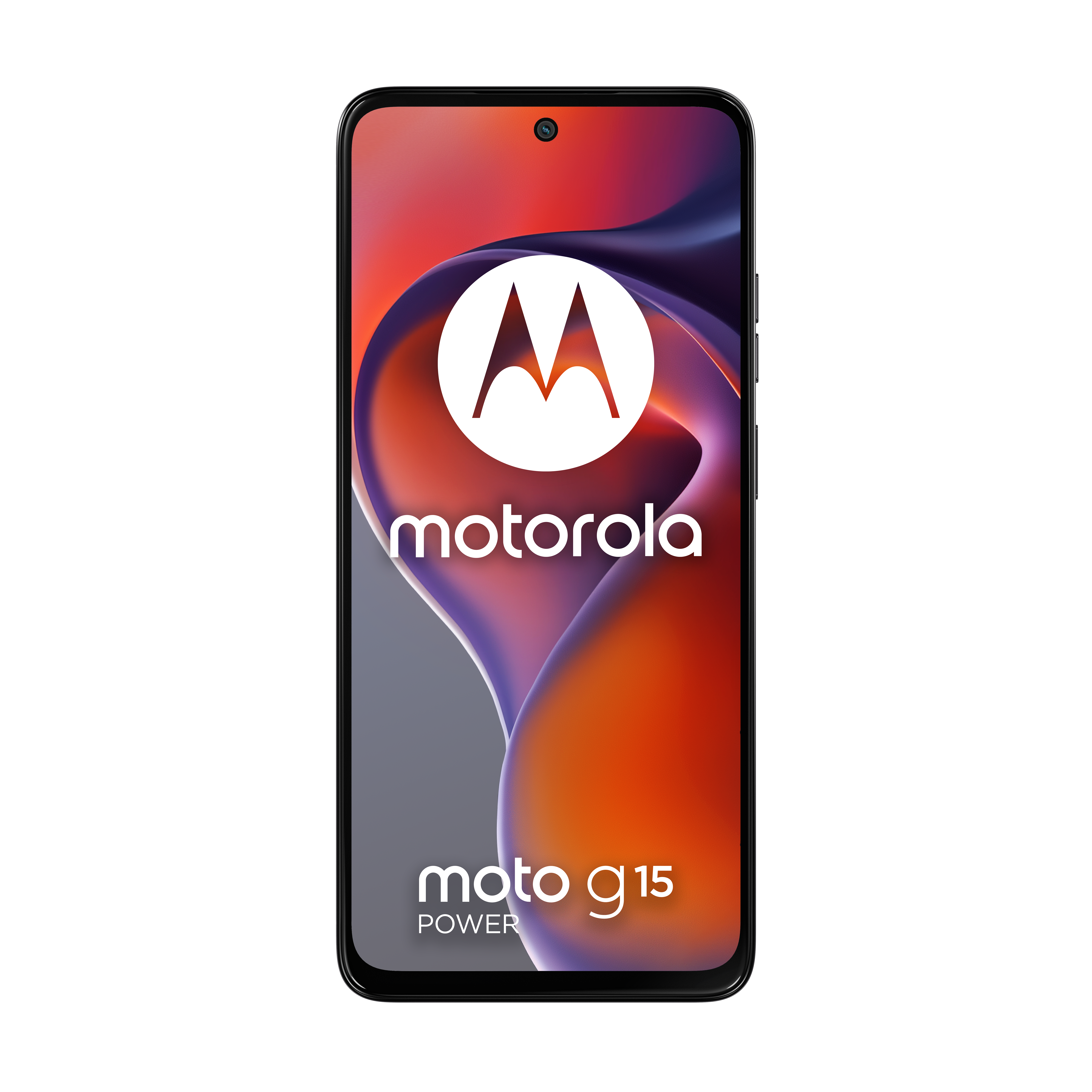 Czarny smartfon Motorola Moto G15 Power z kolorowym tłem.