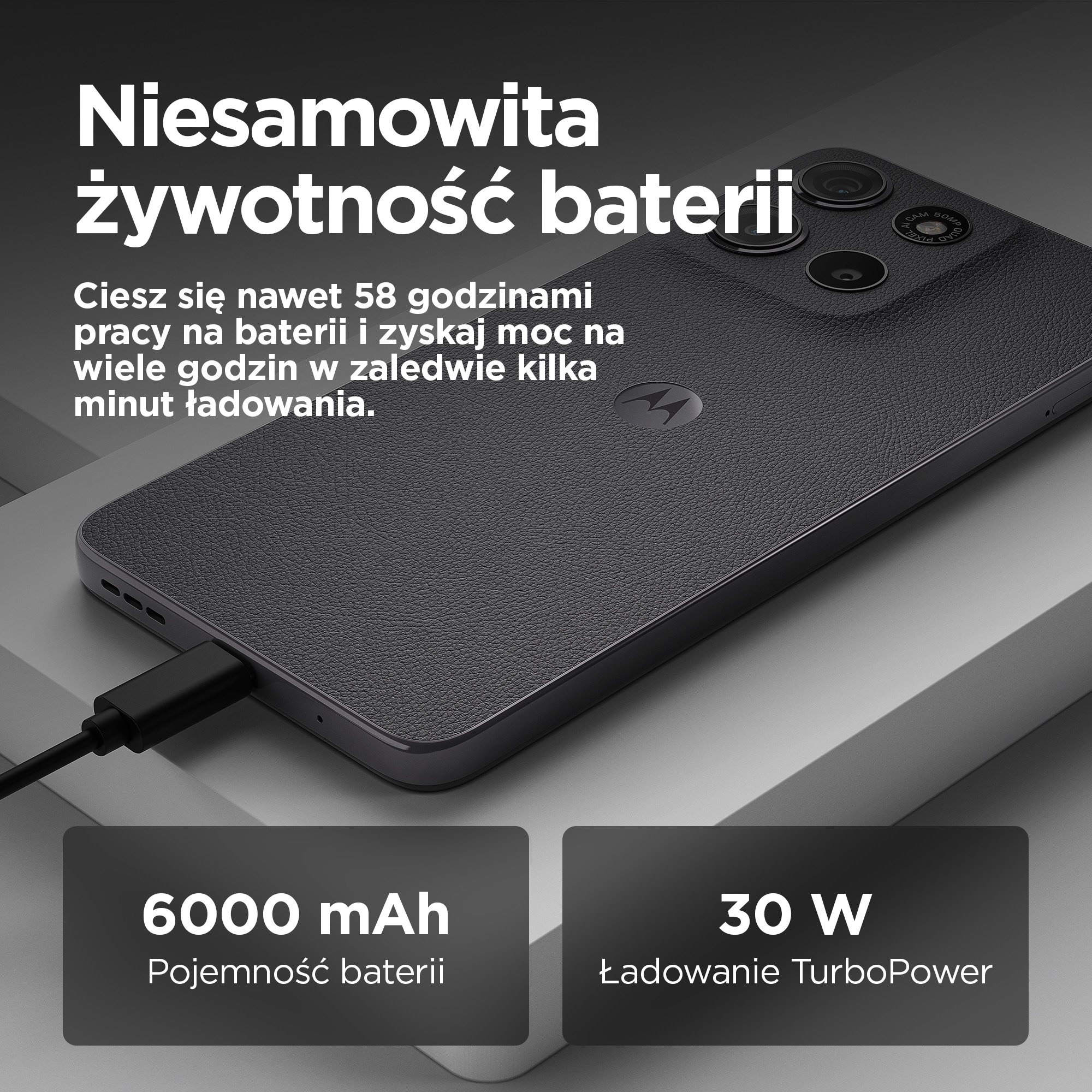 Czarny smartfon z aparatem i kablem ładującym. Bateria 6000 mAh, 30W TurboPower.