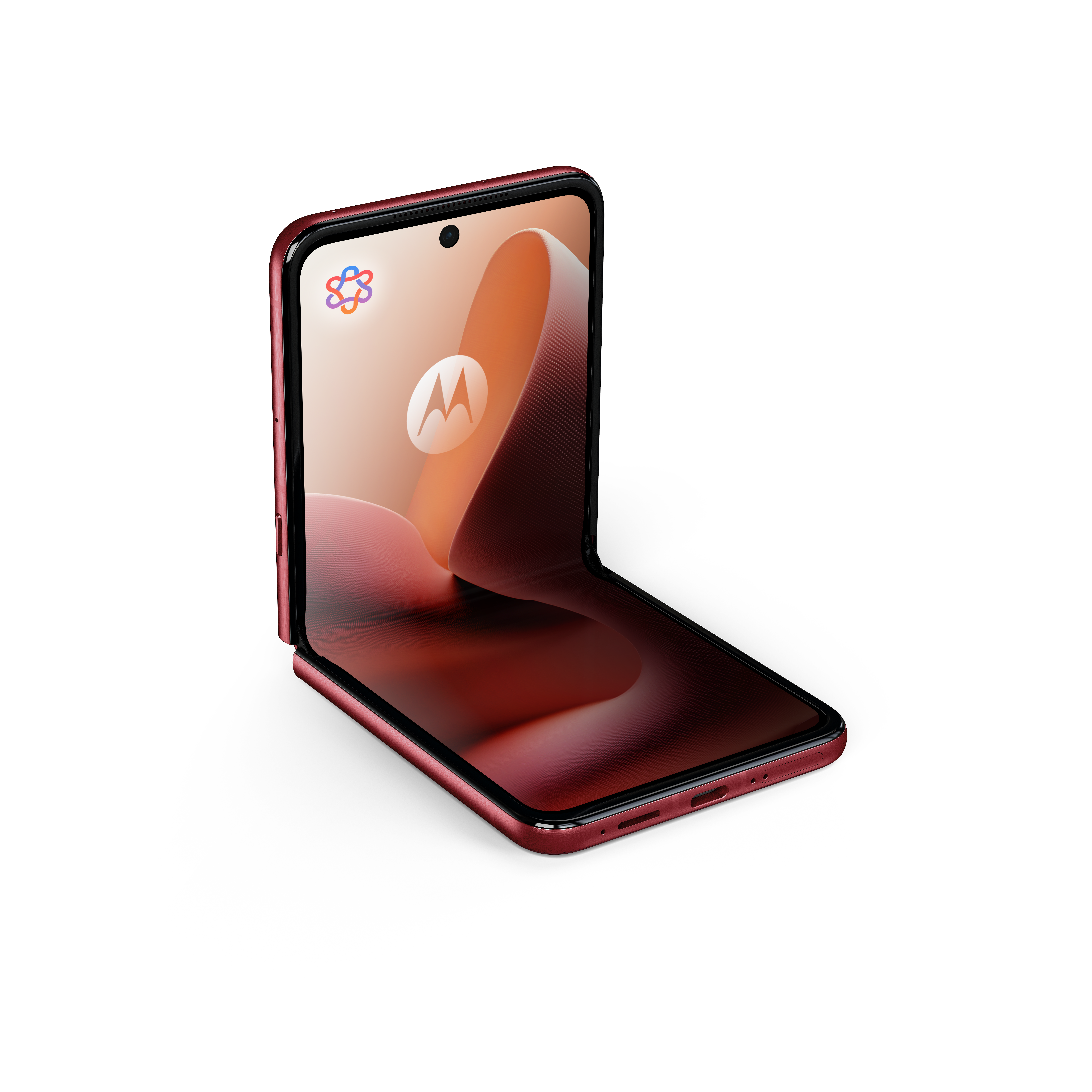 Czerwony telefon składany z otwartym wyświetlaczem pokazującym logo Motoroli.