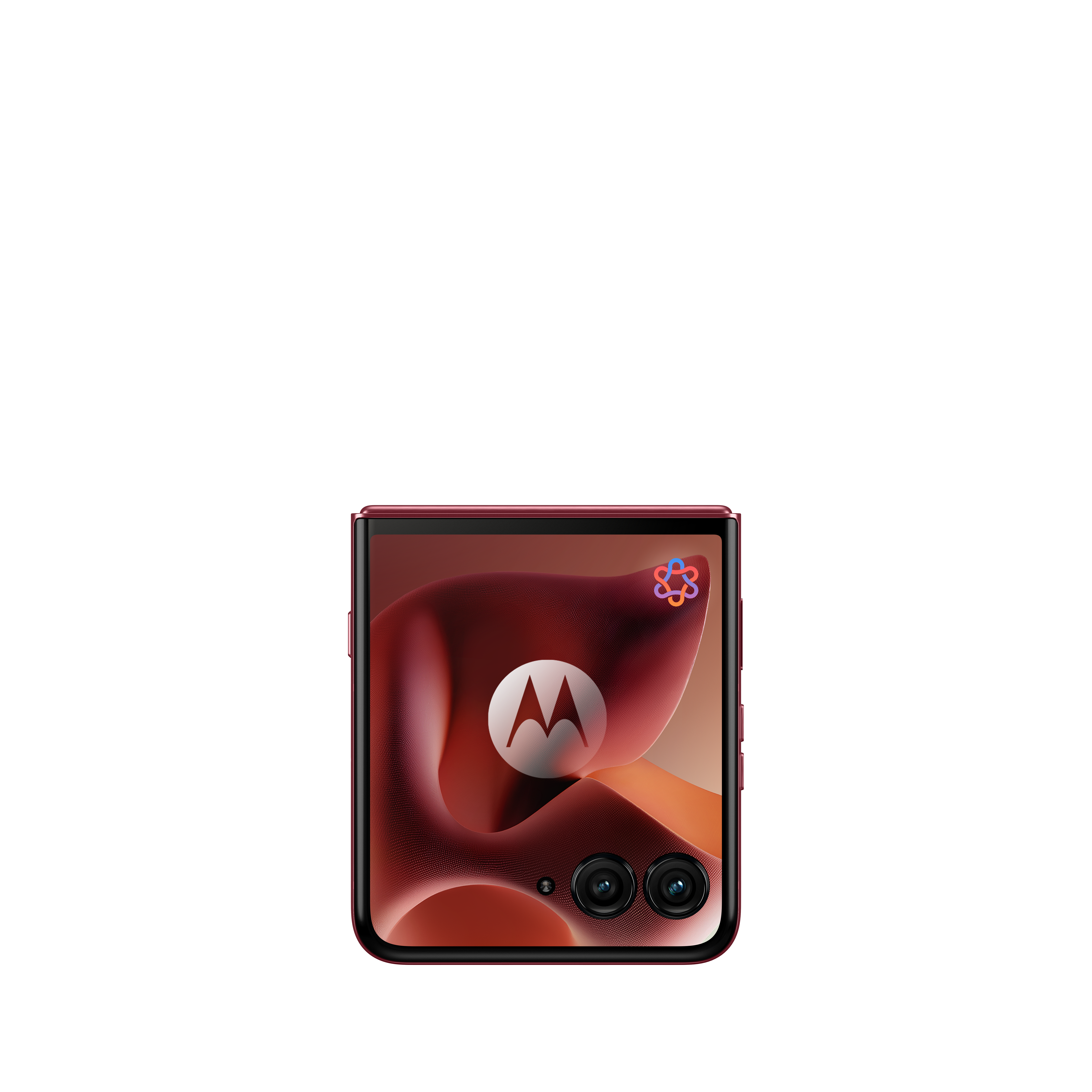 Czerwony telefon z klapką, logo Motorola i dwie kamery na ekranie.