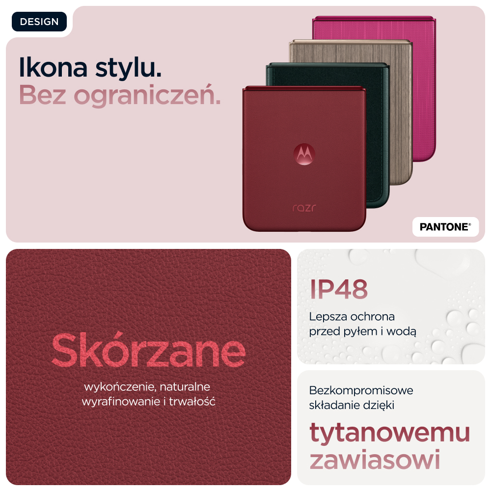 Kilka telefon ów Motorola Razr w różnych kolorach, z logo PANTONE.