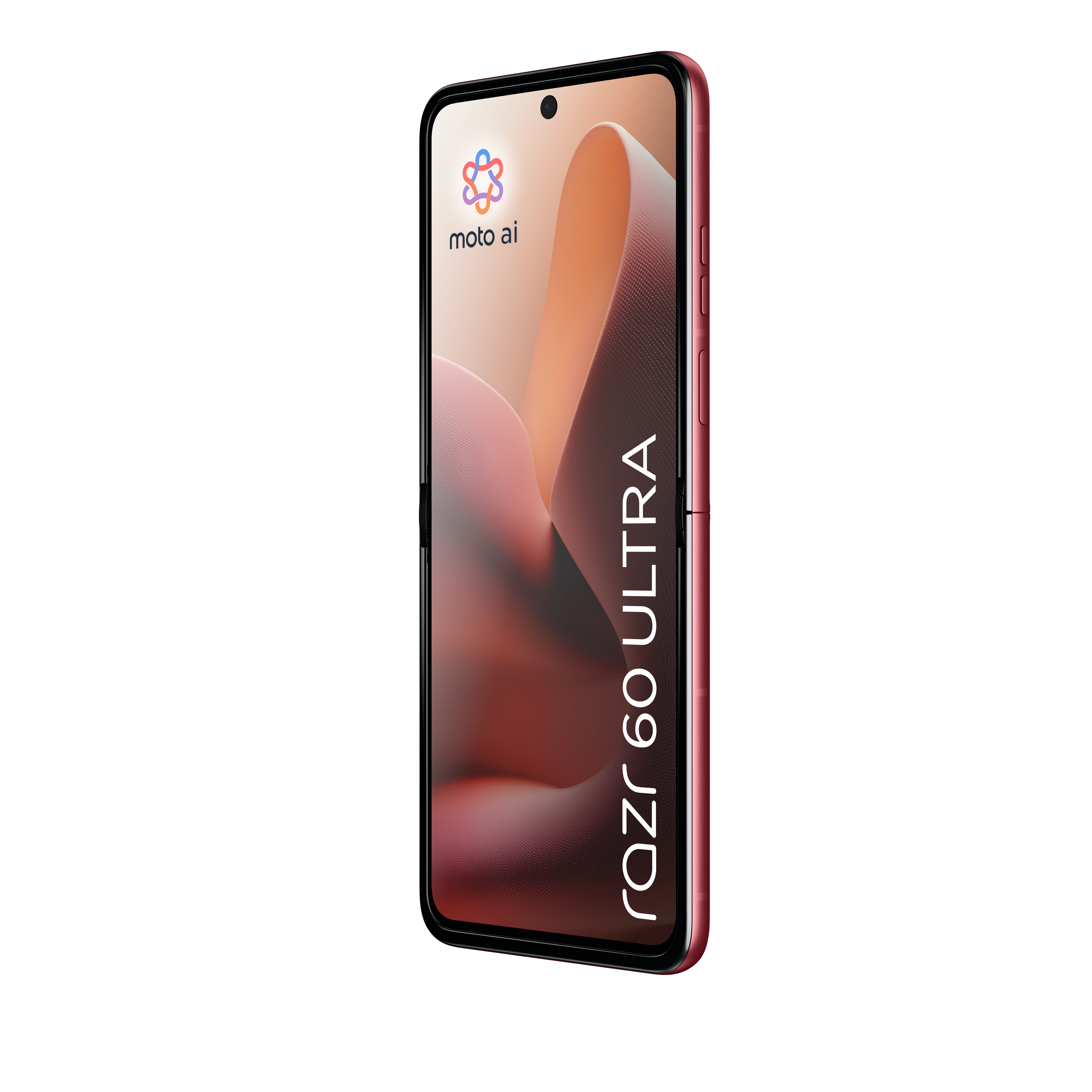 Czerwony smartfon Motorola Razr 60 Ultra z zamkniętym ekranem, stojący na białym tle.