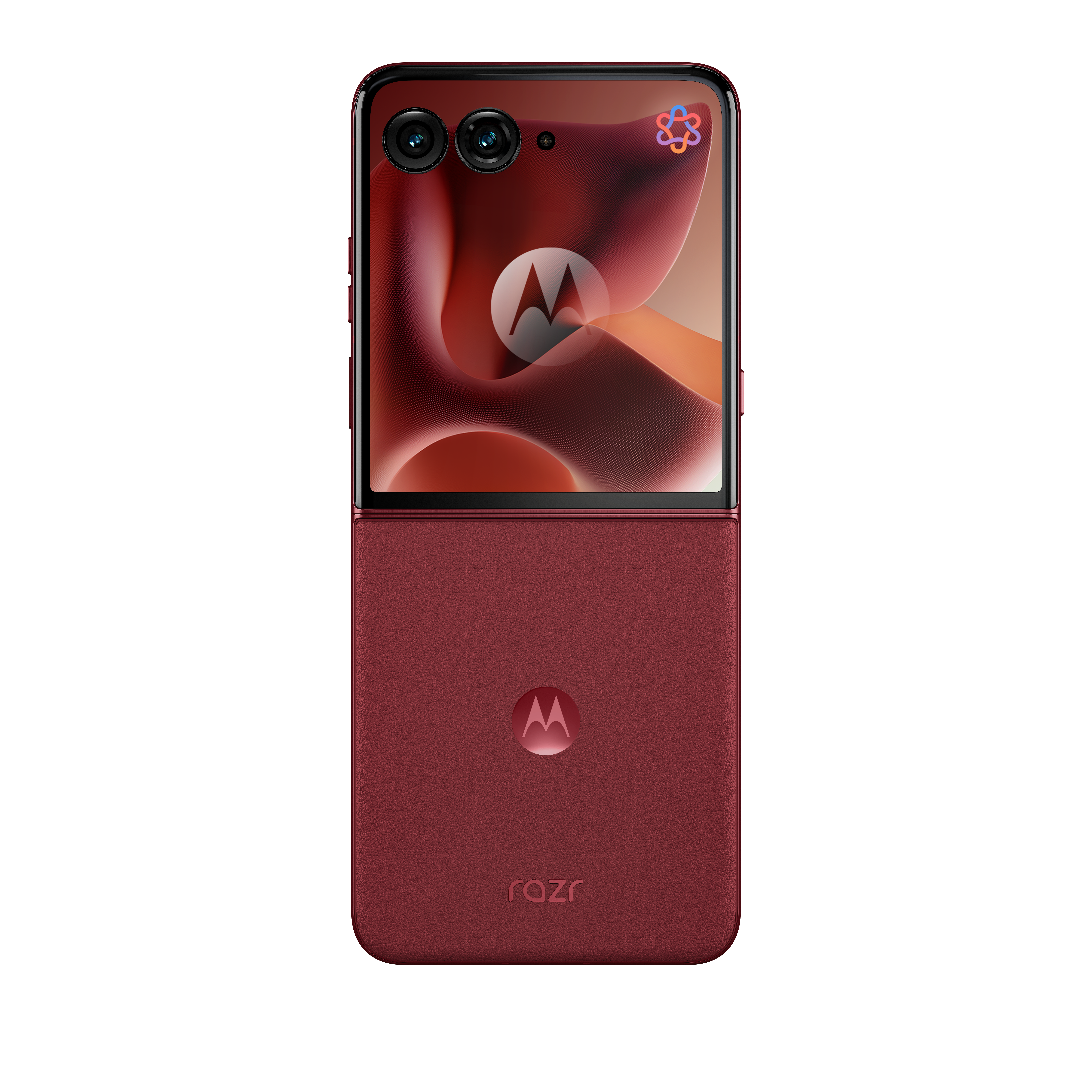 Otwarty czerwony telefon Motorola Razr z dwoma aparatami i logo Motorola.