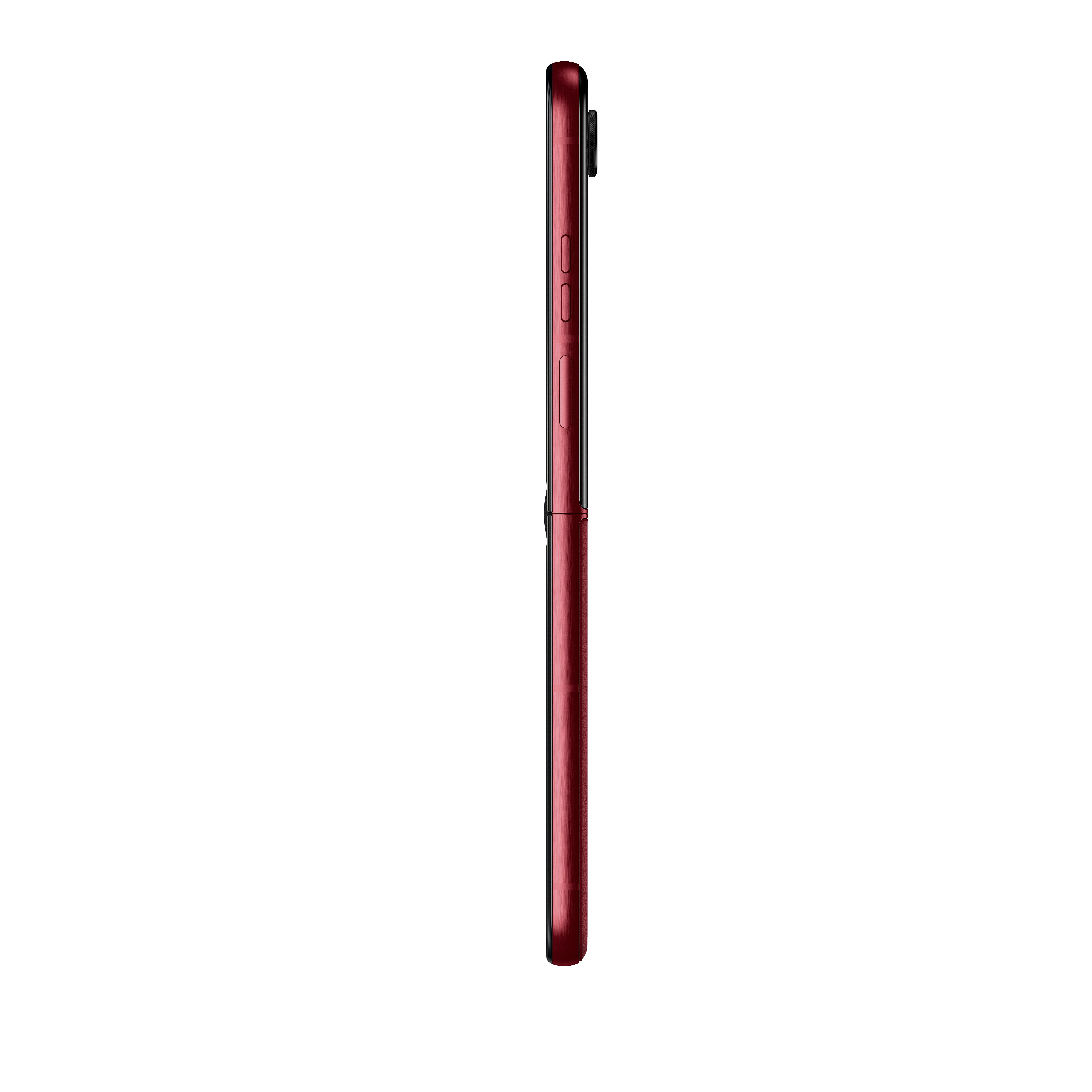 Czerwony smartfon w profilu na czarnym tle, ze srebrnymi przyciskami.