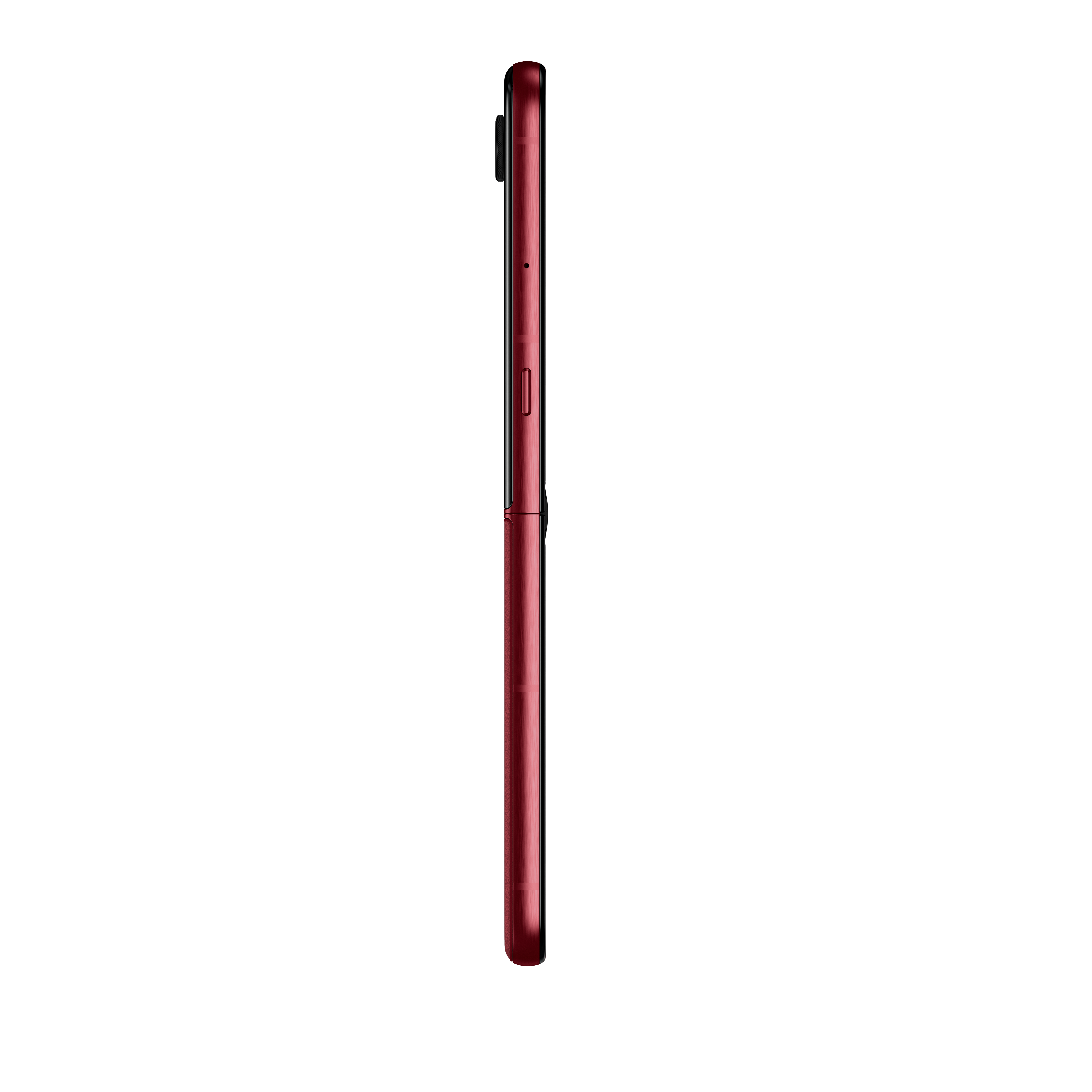 Zamknięty czerwony smartfon, widok z boku z przyciskami.