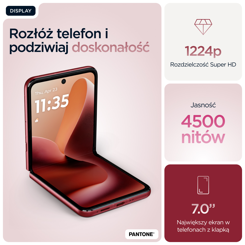 Otwarty czerwony telefon z klapką, obok specyfikacje wyświetlacza.