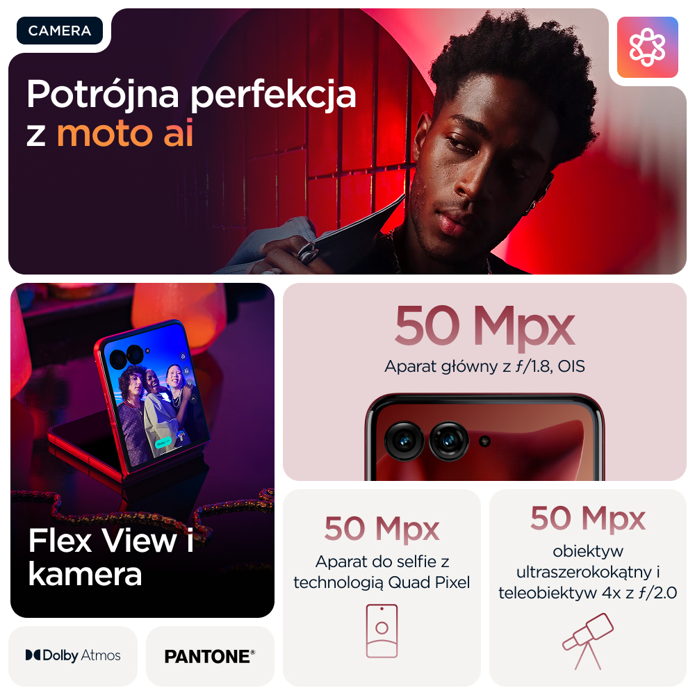 Reklama aparatu Moto AI: Mężczyzna, składany telefon, specyfikacja aparatu 50 MP, Dolby Atmos, Pantone.