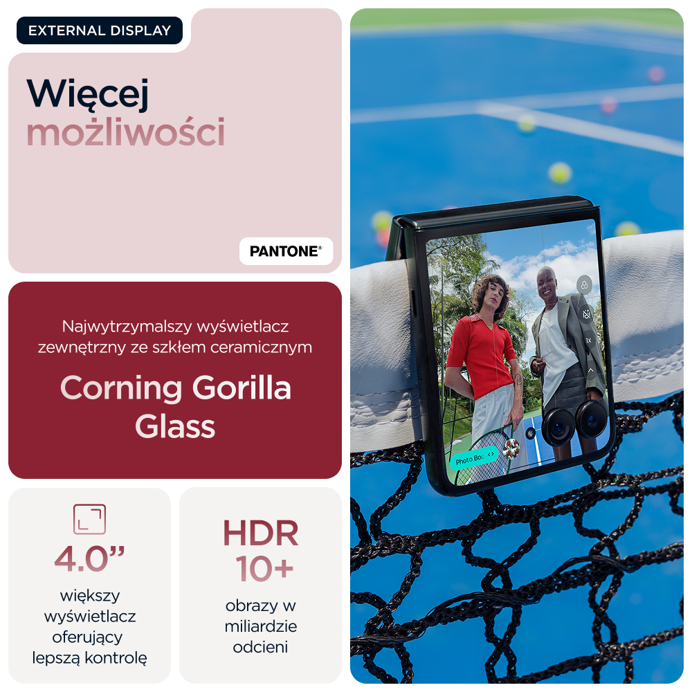 Smartfon z zewnętrznym wyświetlaczem pokazuje dwie osoby na korcie tenisowym. Szkło Corning Gorilla.