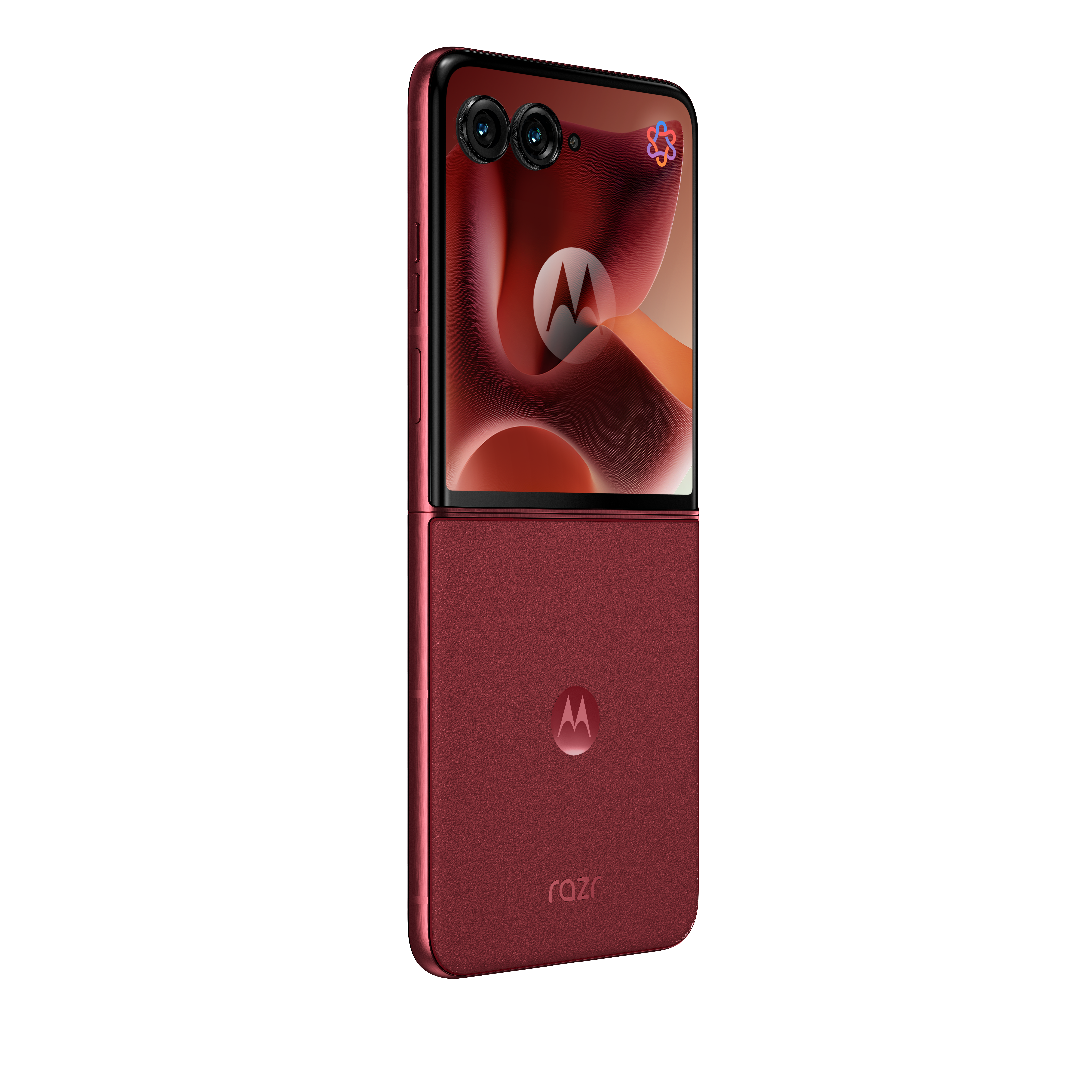Czerwony telefon Motorola Razr typu flip z dwoma aparatami u góry i logo Motorola.