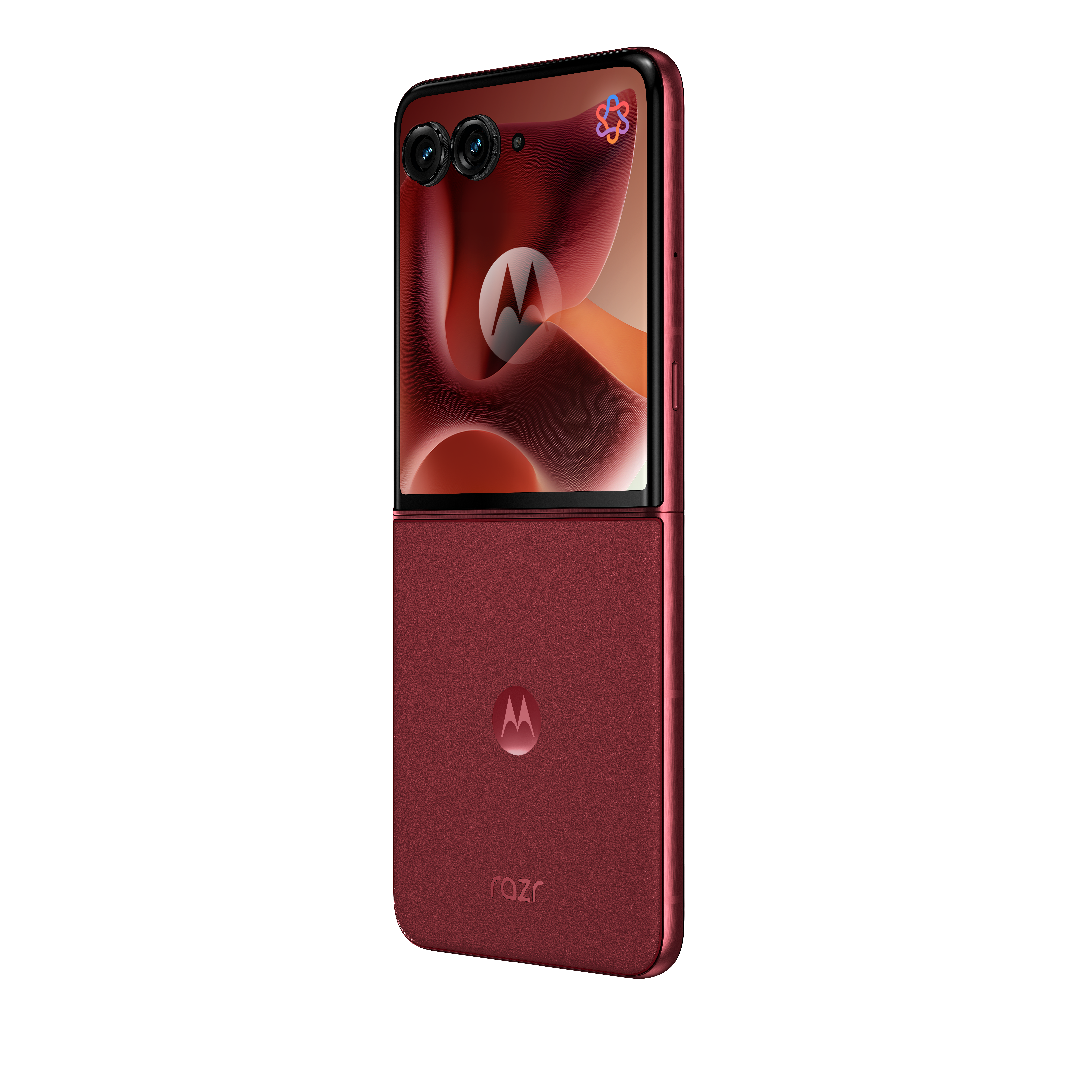 Otwarty czerwony telefon Motorola Razr z dwoma aparatami i logo.