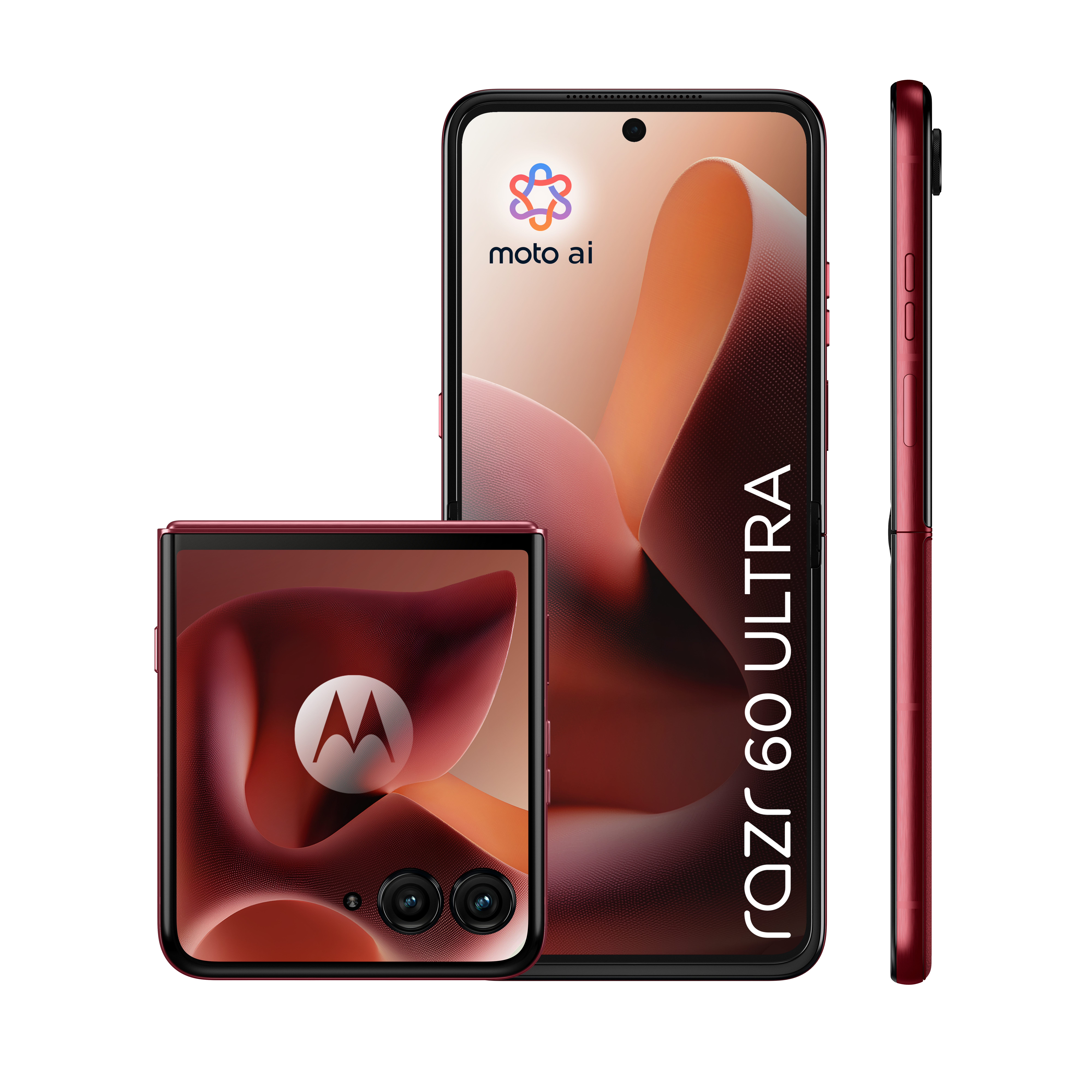 Trzy czerwone telefony Motorola Razr 60 Ultra pokazane z różnych perspektyw.