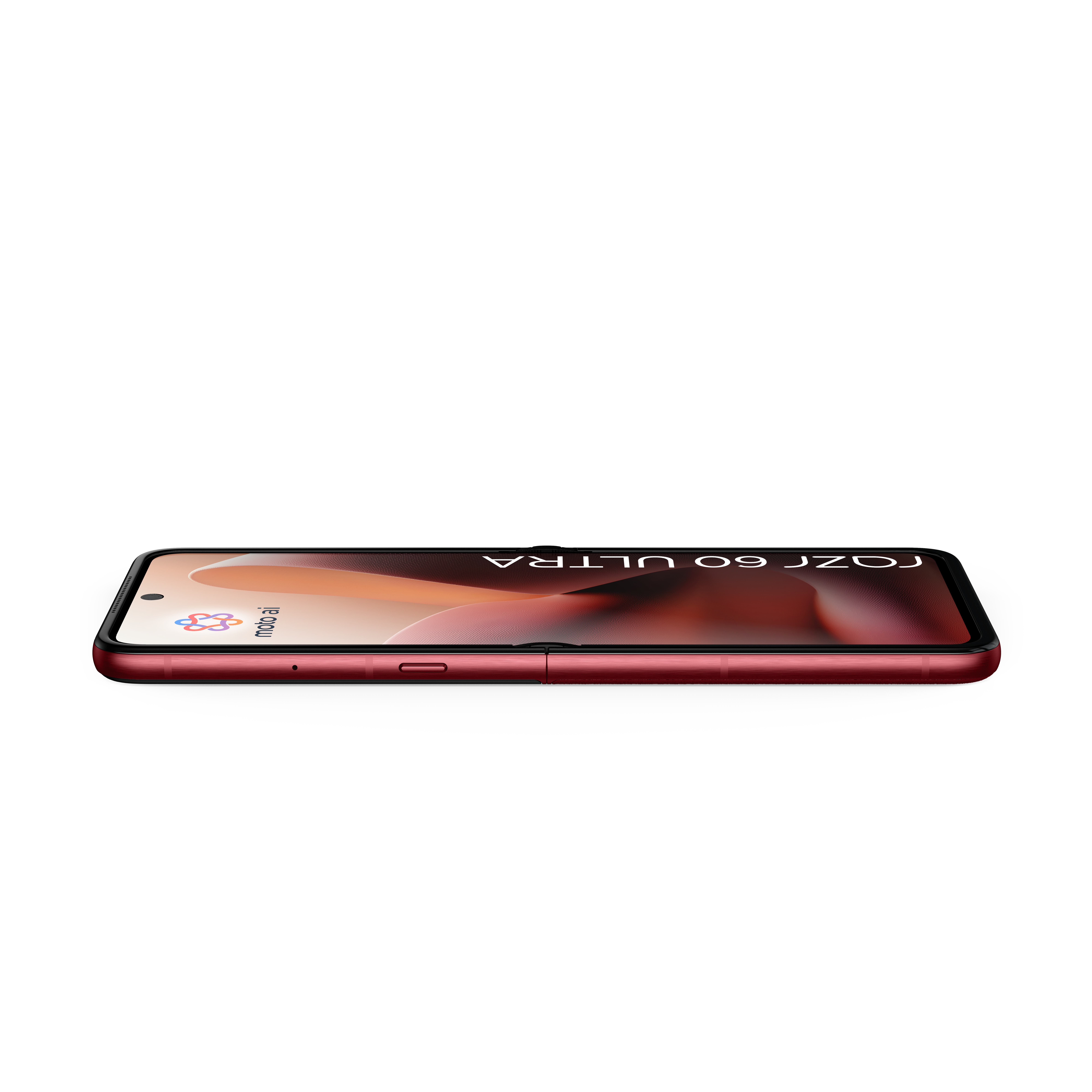 Czerwony smartfon Motorola Razr 60 Ultra z logo Moto AI na czarnym tle.