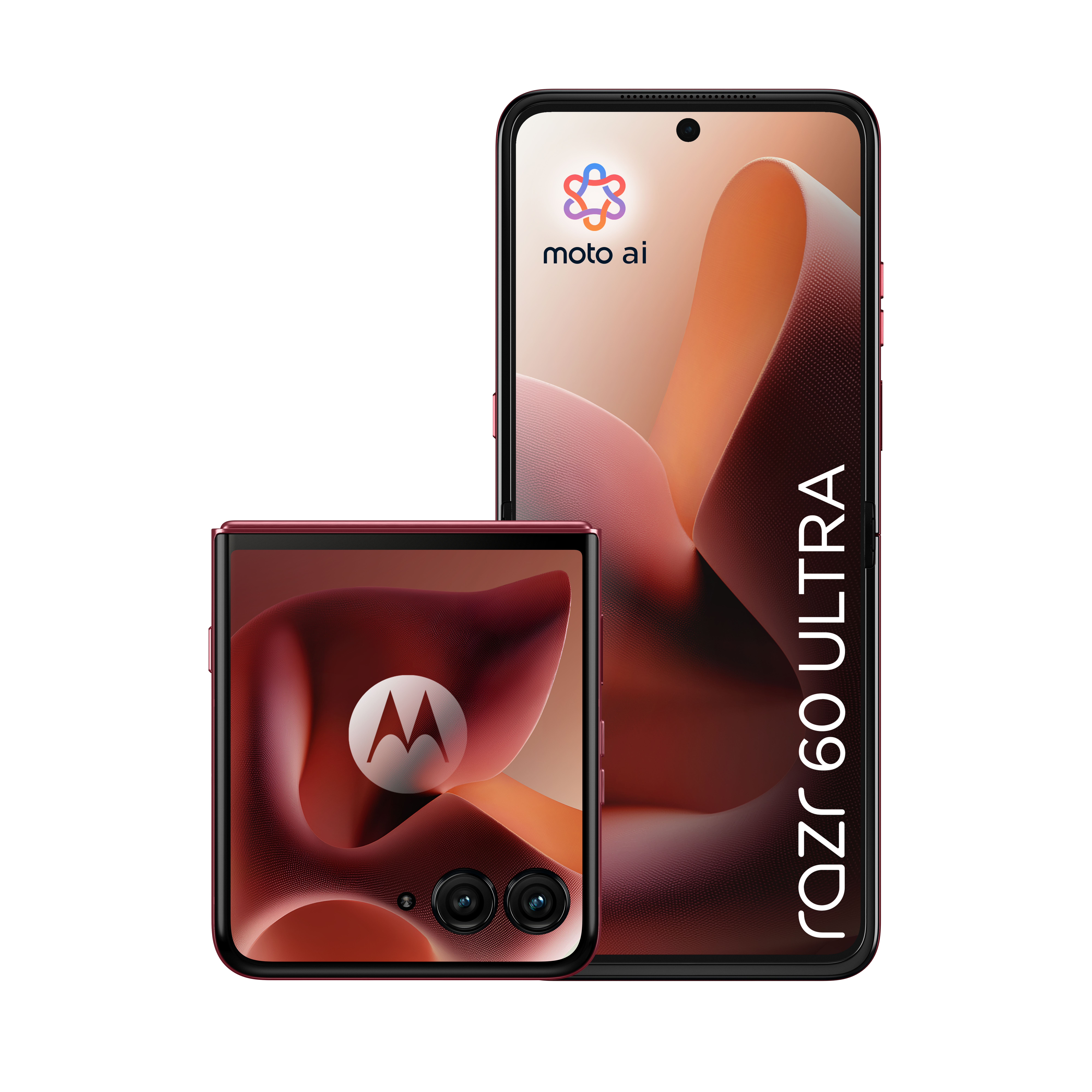 Dwa czerwone telefony Motorola Razr, jeden złożony, jeden otwarty, na białym tle.