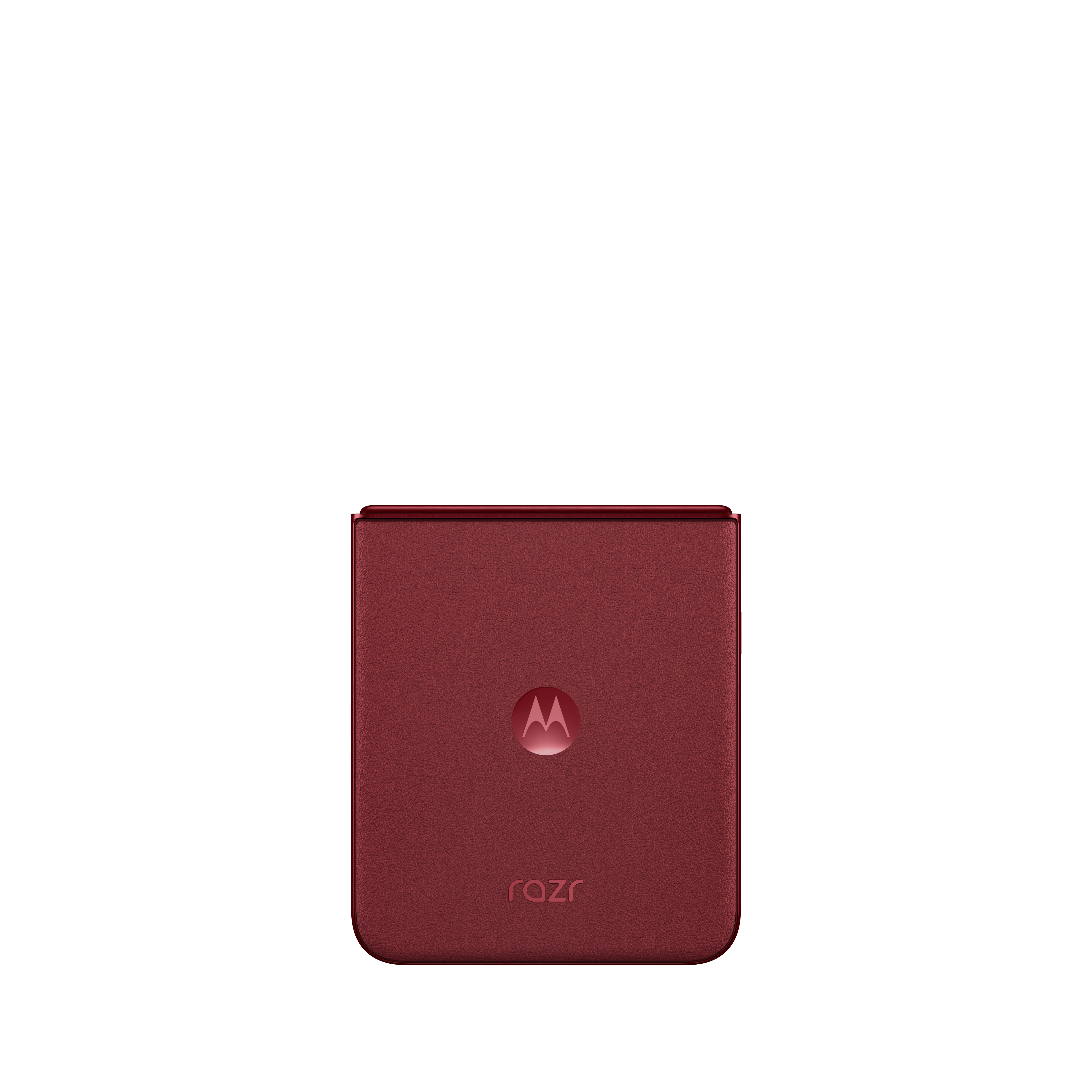 Ciemnoczerwony telefon Motorola Razr z klapką, logo Moto i