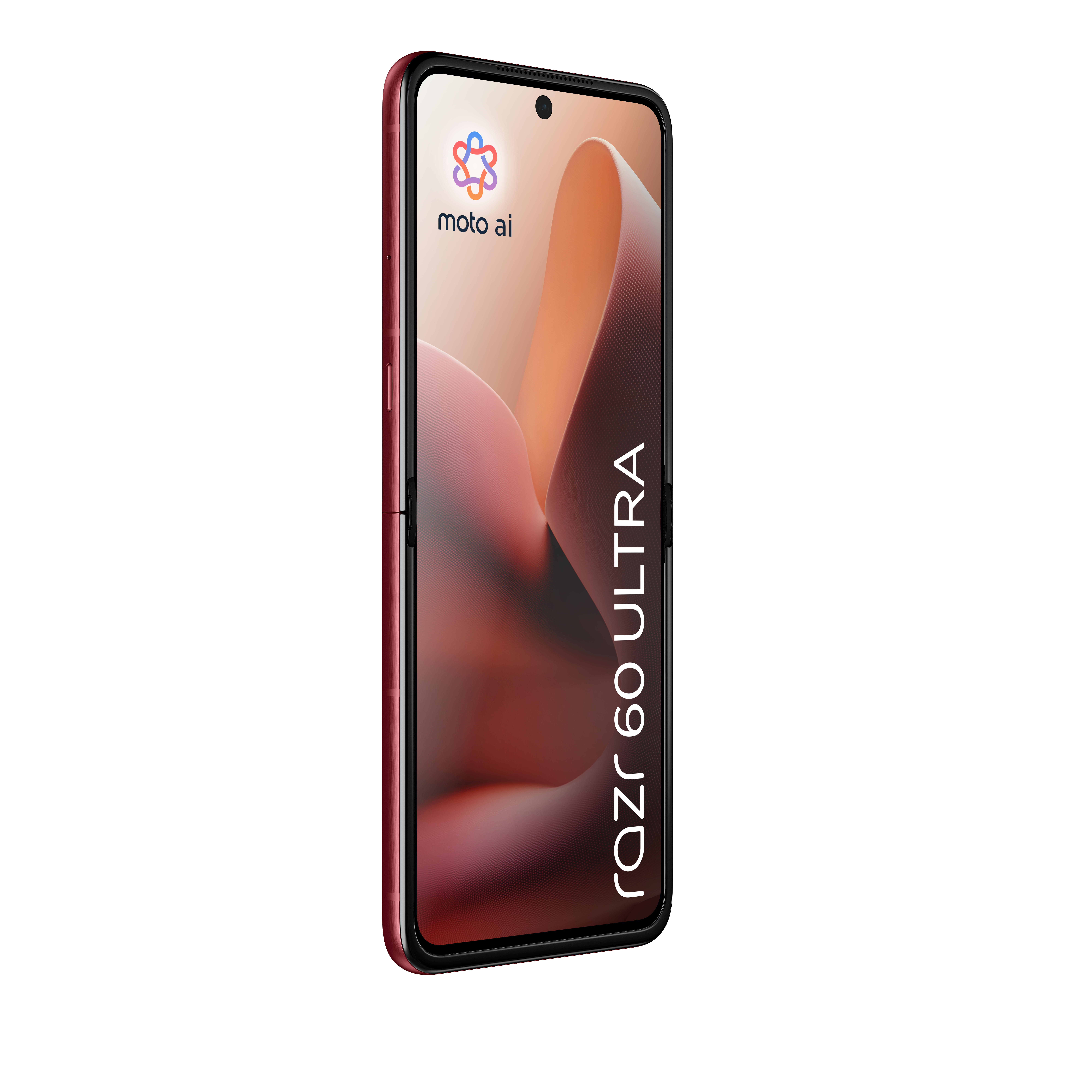 Czerwony smartfon Motorola Razr 60 Ultra z logo Moto AI.