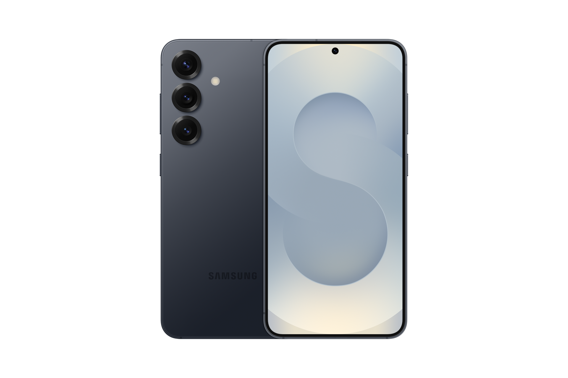Ciemnoszary smartfon Samsung z trzema tylnymi aparatami i jasnym ekranem.