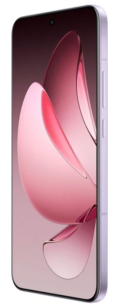 Jasnofioletowy smartfon wyświetla abstrakcyjną tapetę w kolorach różowym i fioletowym. Telefon jest pod kątem.