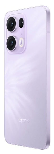Lawendowy smartfon z modułem aparatu i logo Oppo.