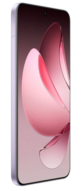 Fioletowy smartfon wyświetlający abstrakcyjny różowy wzór na ekranie.