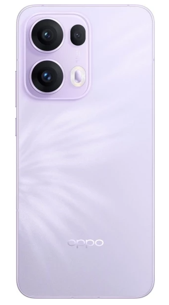 Widok z tyłu lawendowego telefonu Oppo, pokazujący potrójny aparat i subtelny wzór liścia palmy.
