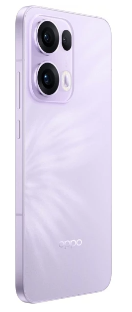 Fioletowy smartfon Oppo z trzema tylnymi aparatami i logo, widziany od tyłu.