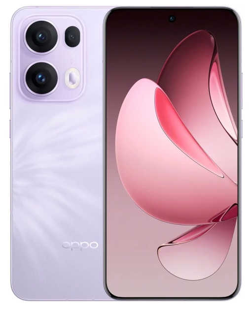 Fioletowy smartfon Oppo z trzema tylnymi aparatami i zakrzywionym różowym wzorem.