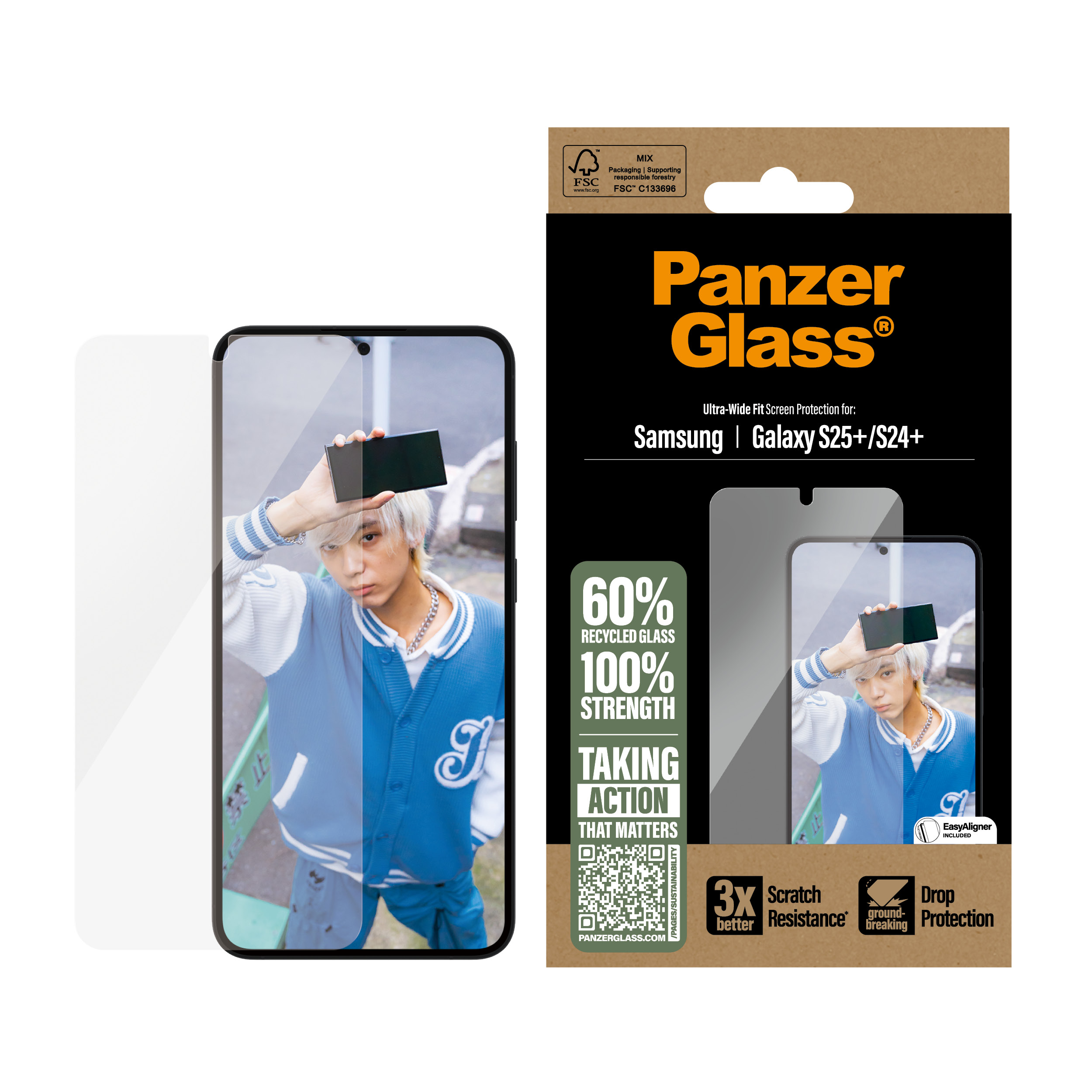 Verpackung für Displayschutzfolie mit jungem Mann, der blaue Jacke trägt.