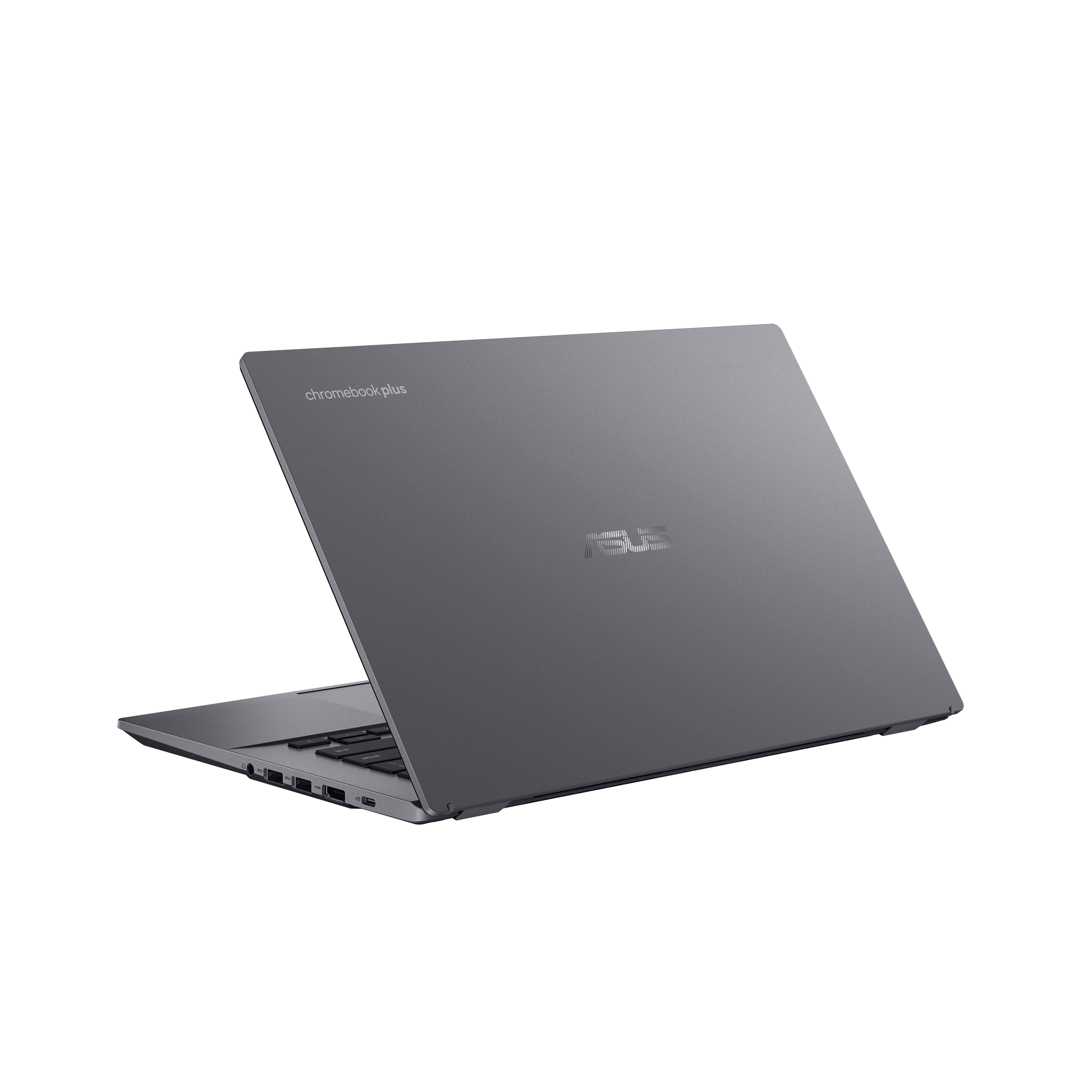 Graues Asus Chromebook Plus Laptop von hinten mit silbernem Logo und Schriftzug.