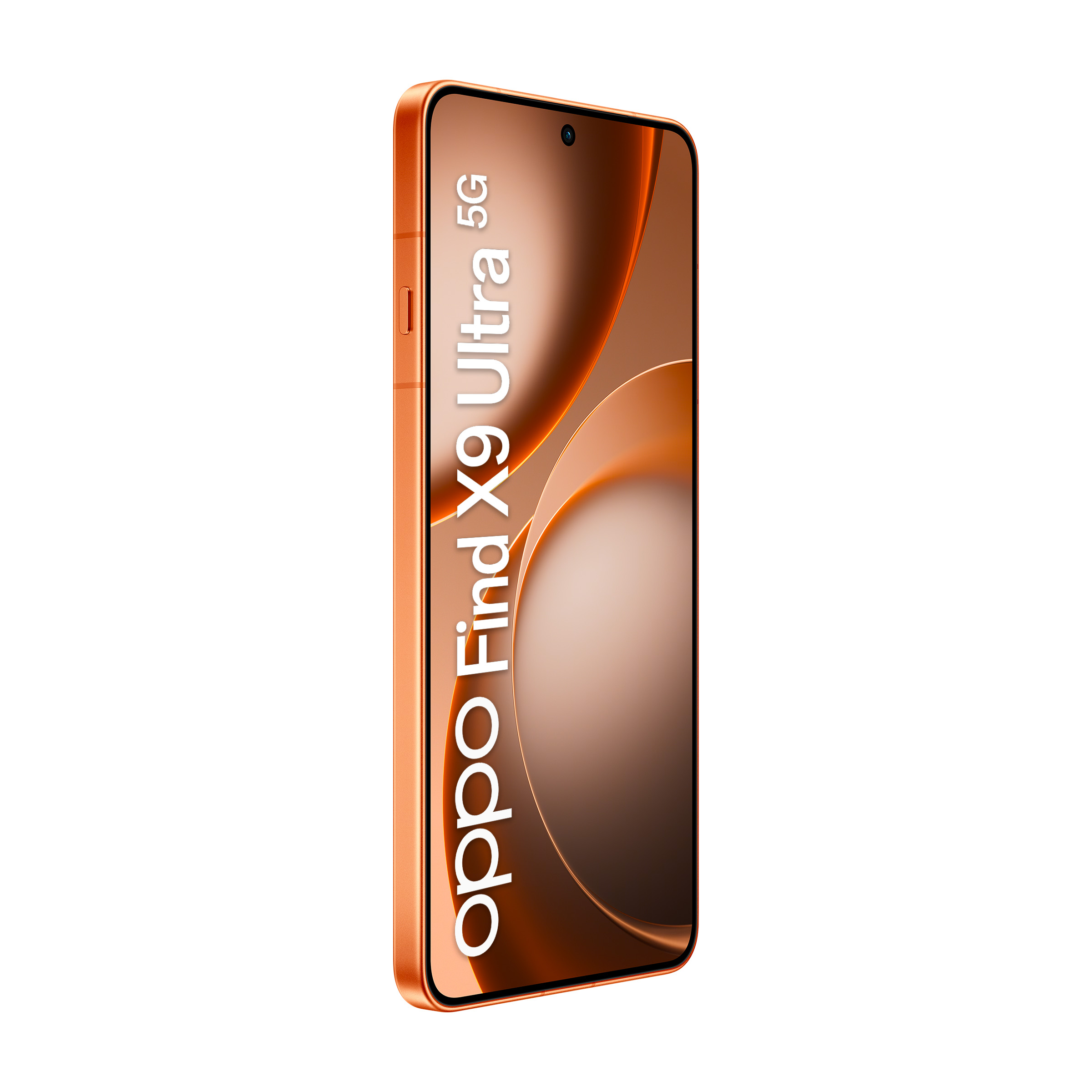 Pomarańczowy smartfon z logo 5G i zakrzywionym tłem.