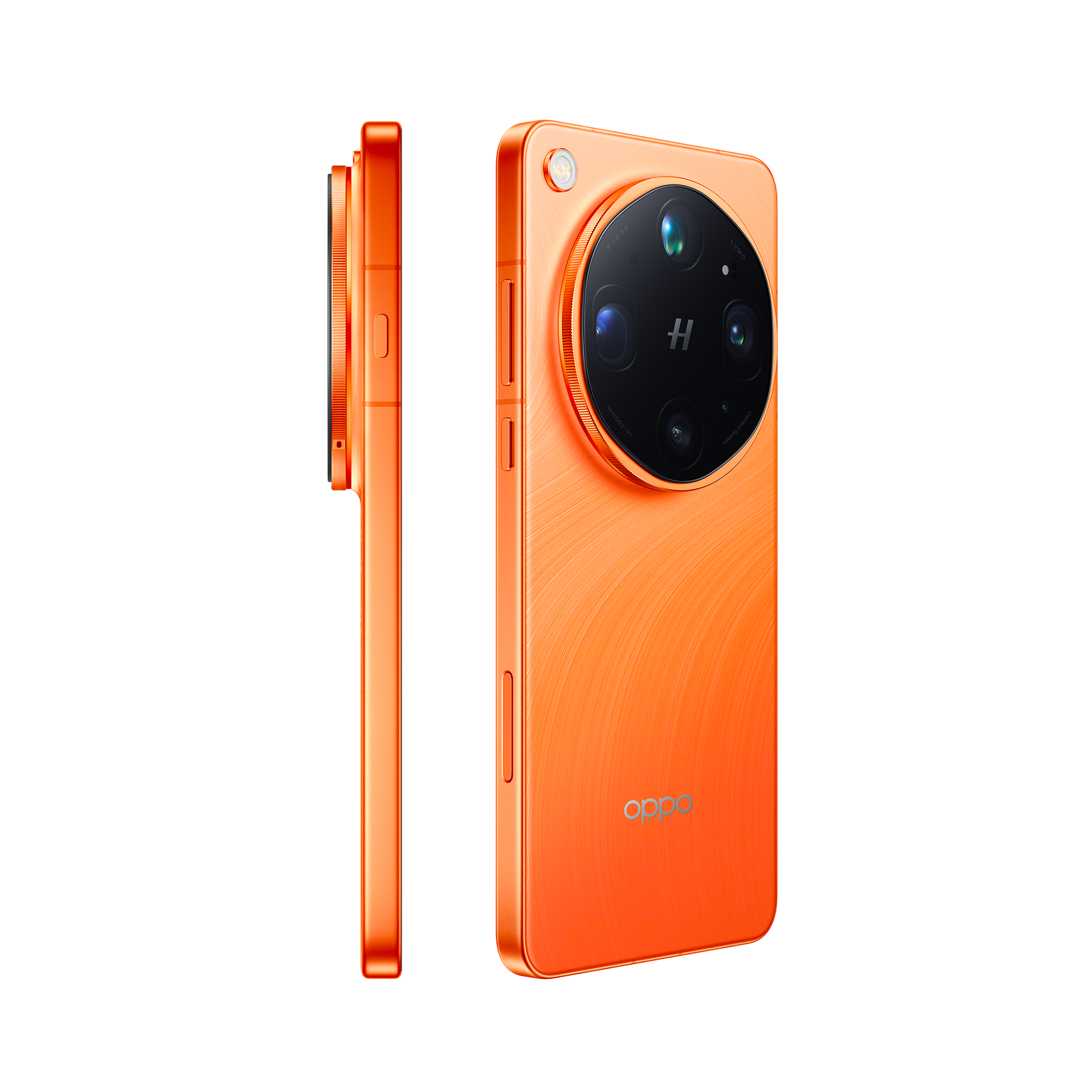 Pomarańczowy smartfon z modułem kamery i logo na czarnym tle.