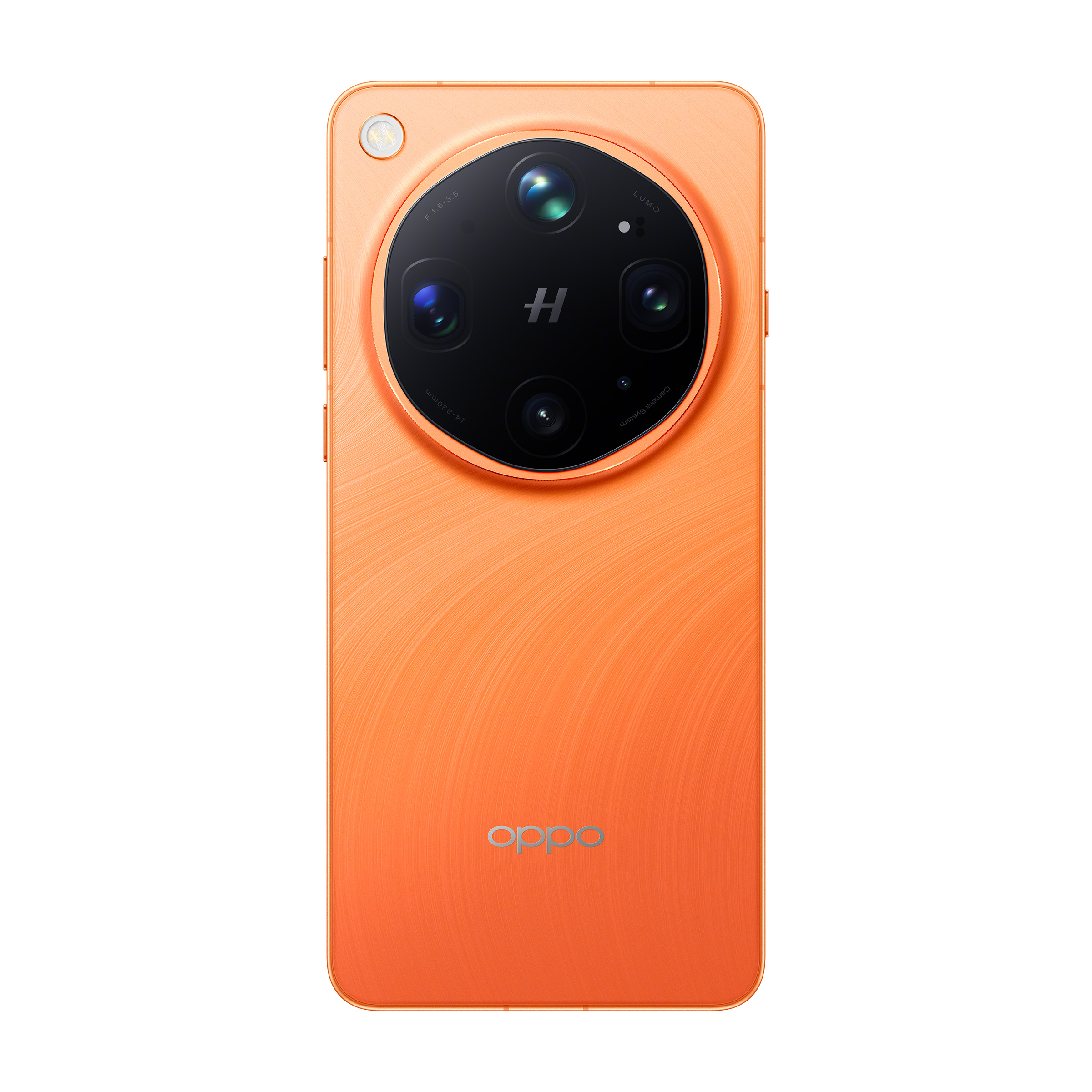Pomarańczowy smartfon z okrągłym modułem aparatu i logo Oppo.