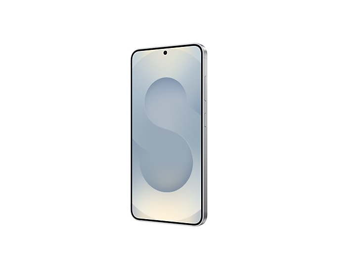 Srebrny smartfon z stylizowaną literą S na ekranie.
