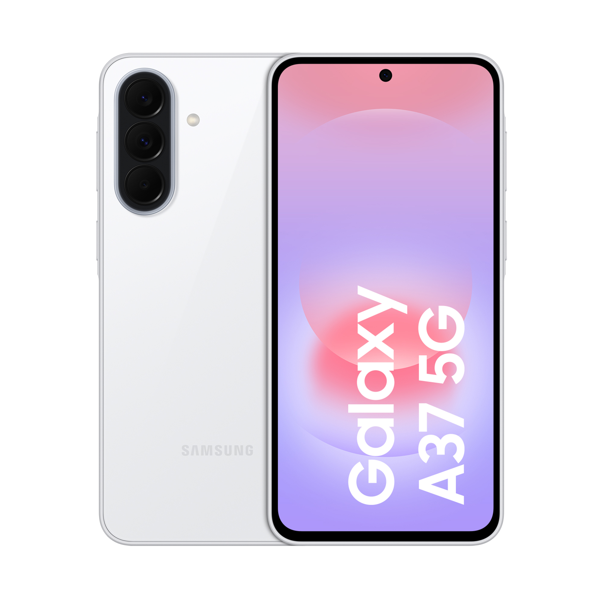 Biały smartfon Samsung Galaxy A37 5G z trzema tylnymi aparatami.