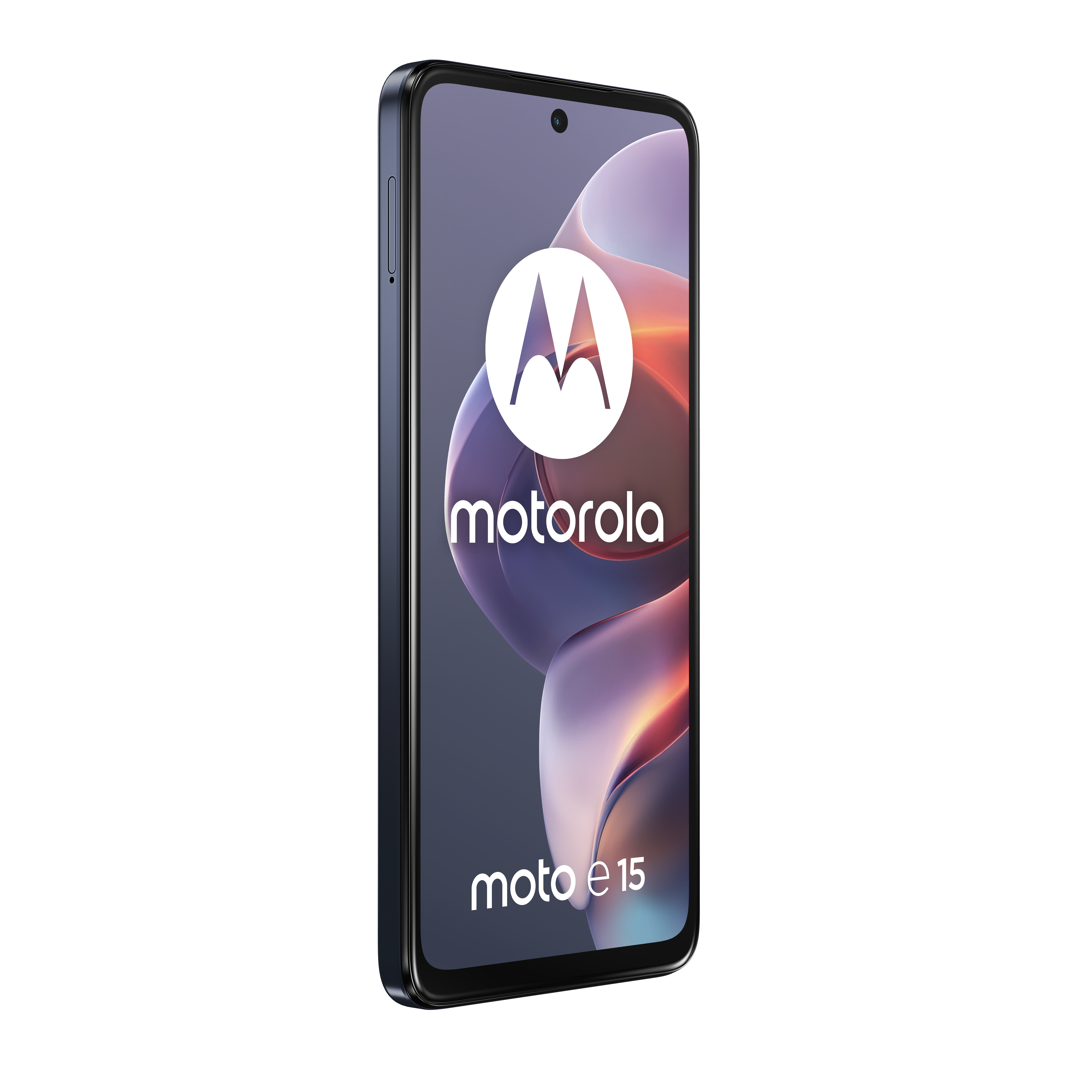 Ciemny smartfon Motorola Moto E15 ze stylizowanym tłem.
