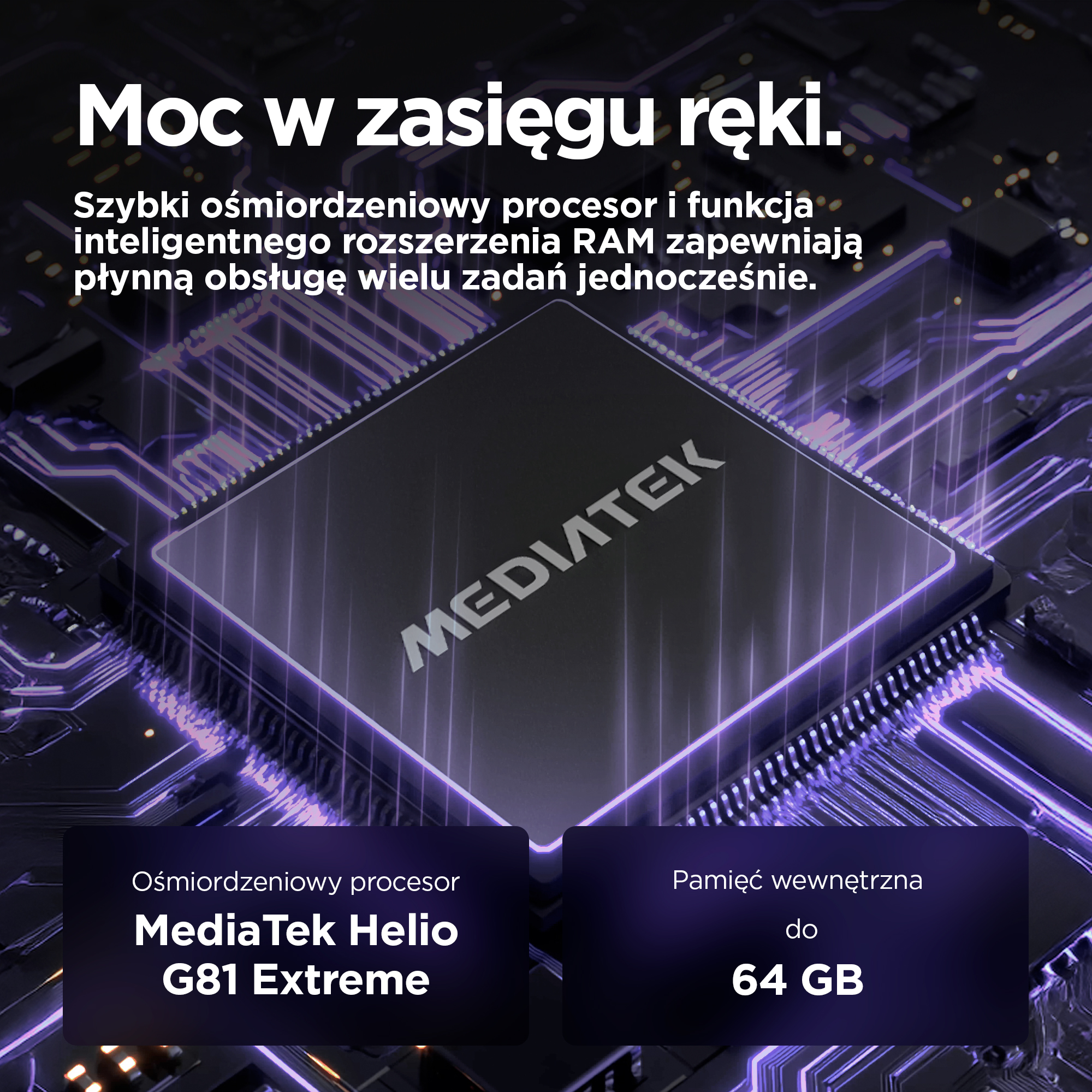 Zbliżenie procesora Mediatek z fioletowymi światłami i tekstem.
