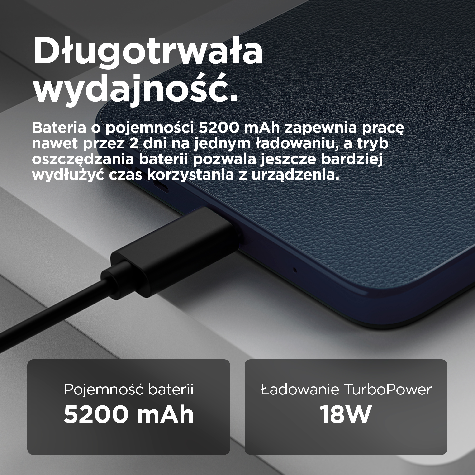 Czarny kabel ładujący podłączony do ciemnoniebieskiego urządzenia. Pojemność baterii 5200 mAh.