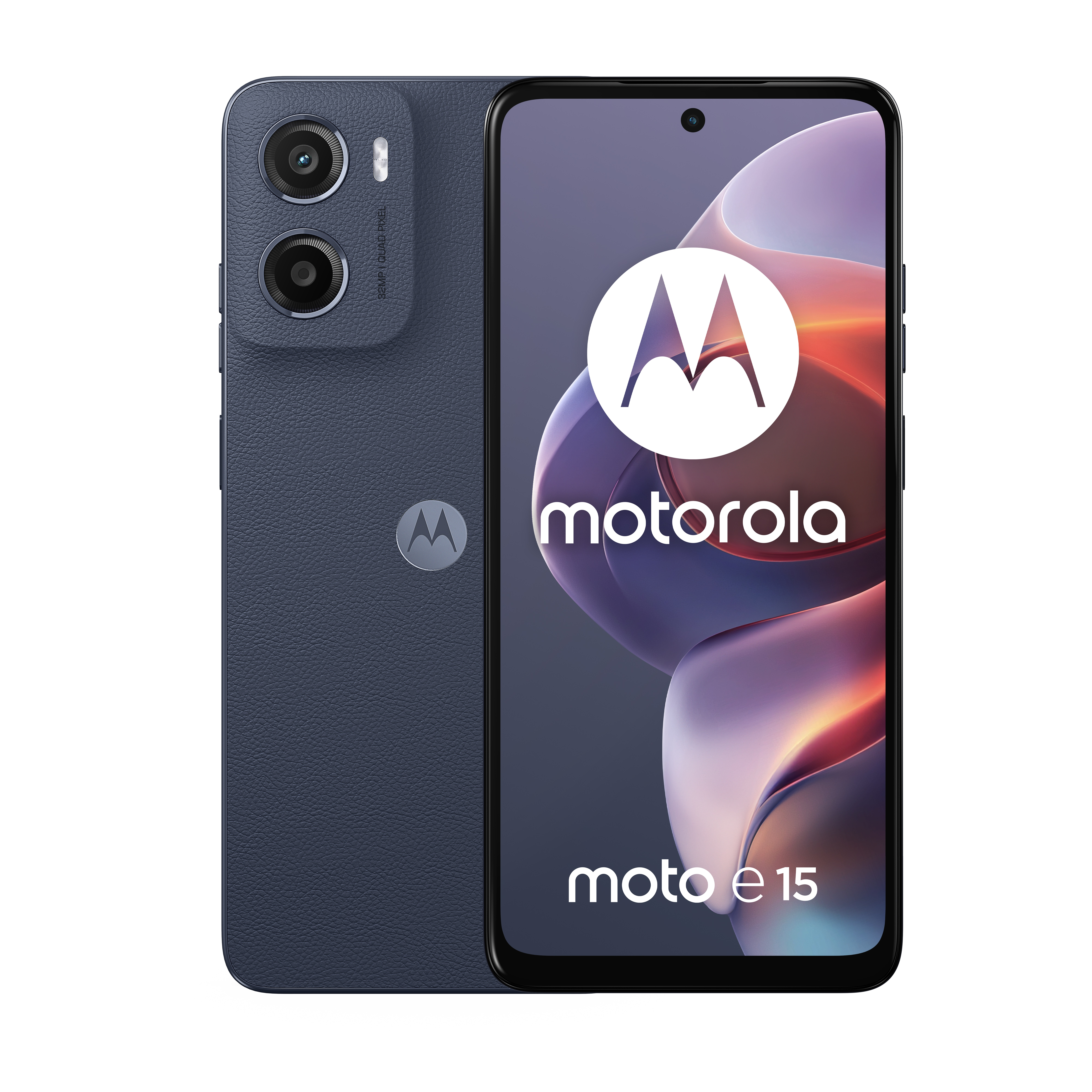 Ciemnoniebieski smartfon Motorola Moto E15 z podwójnym aparatem i fakturą skóry.