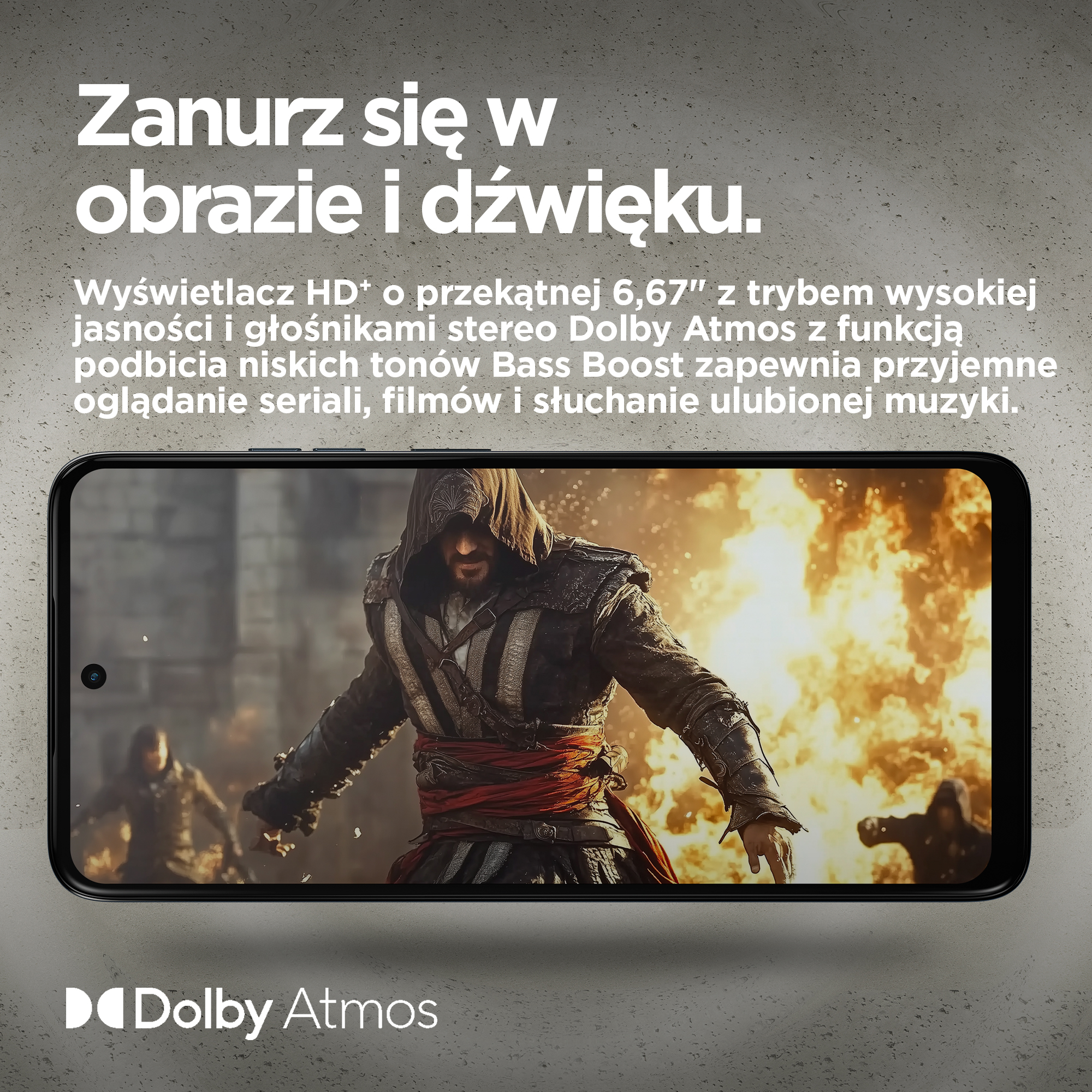 Mężczyzna w stroju historycznym na tle płomieni, z logo Dolby Atmos.