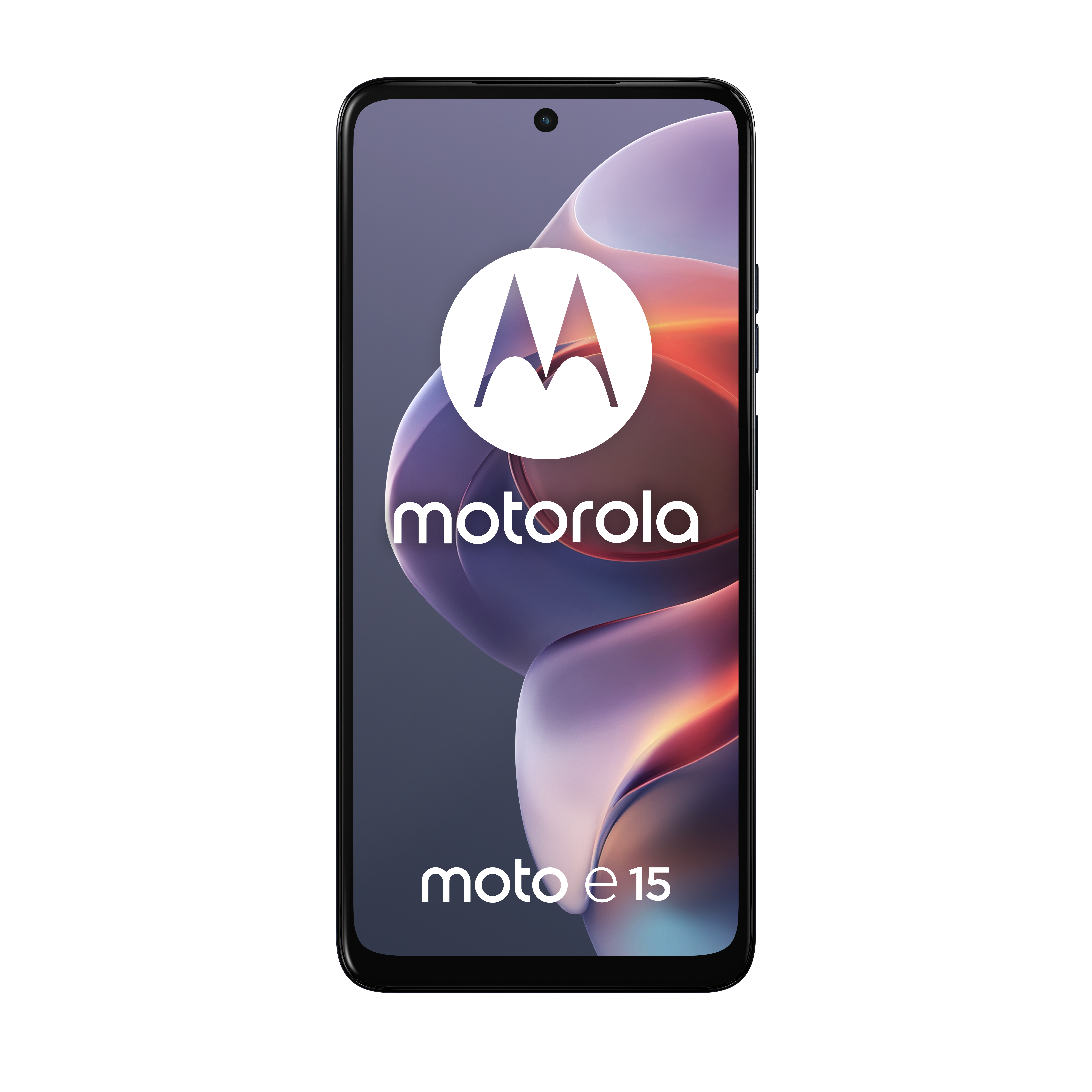 Czarny smartfon Motorola Moto e15 z abstrakcyjnym, kolorowym tłem.