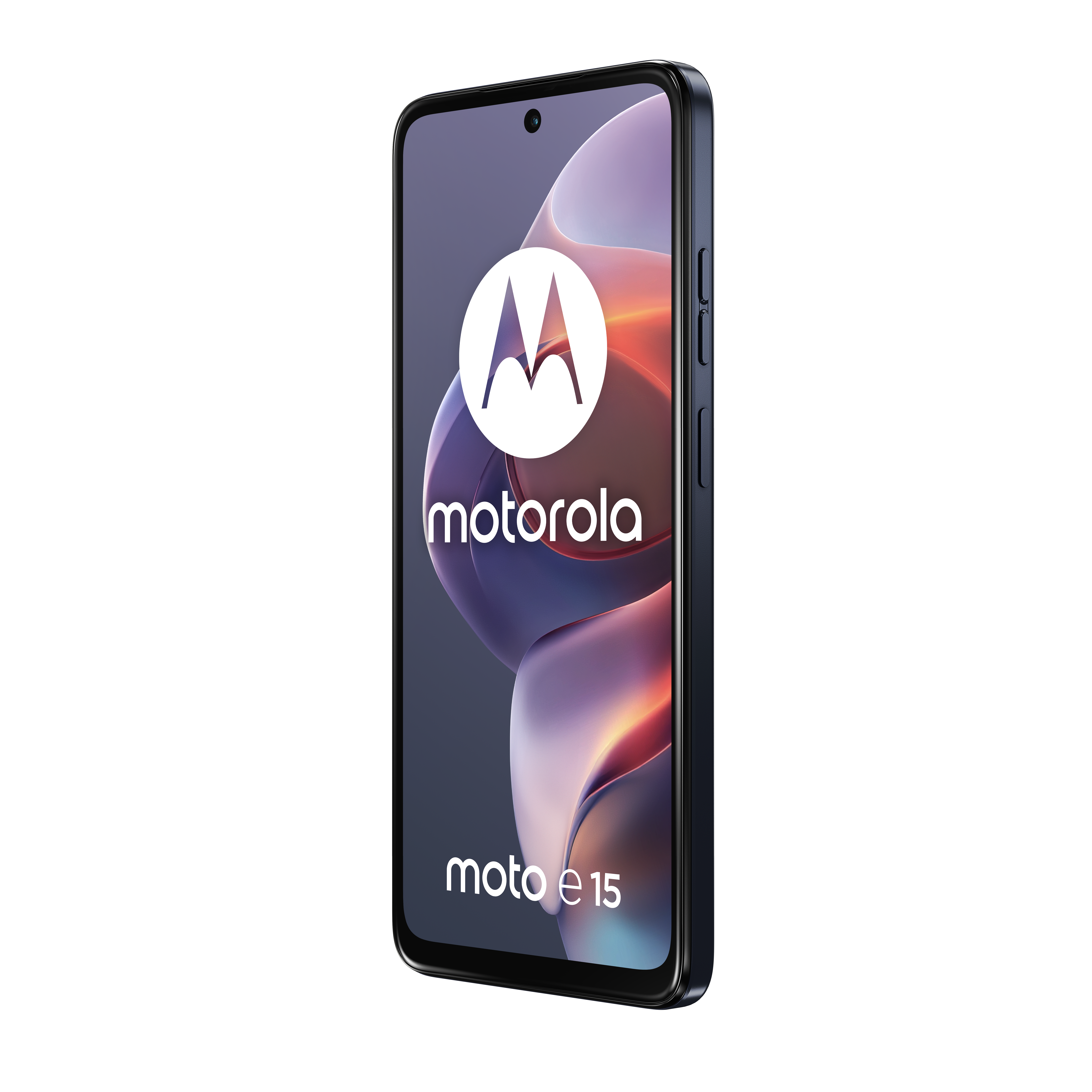 Ciemnoniebieski smartfon Motorola Moto e15 z logo Motoroli na ekranie.
