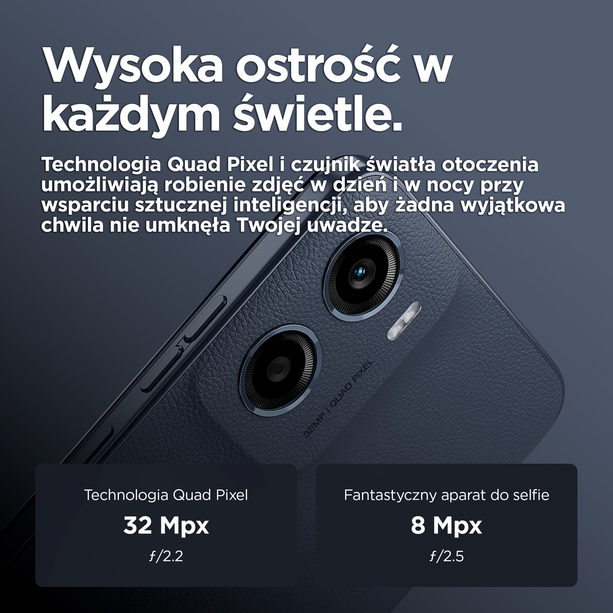 Ciemnoszary smartfon z 3 aparatami i tekstem. 32 MP Quad Pixel.