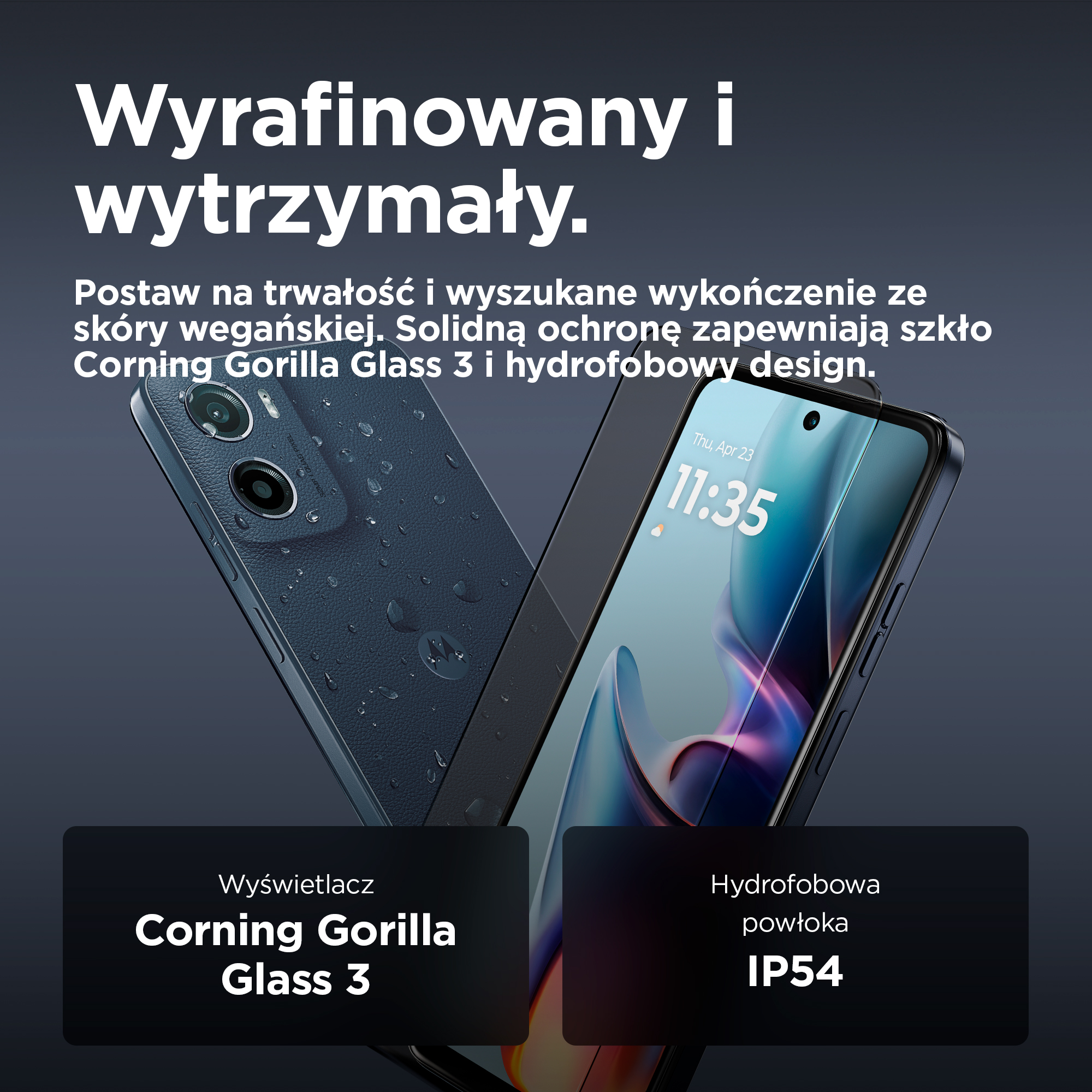 Dwa granatowe telefony Motorola, jeden ze skórą wegańską, drugi z ochroną IP54.
