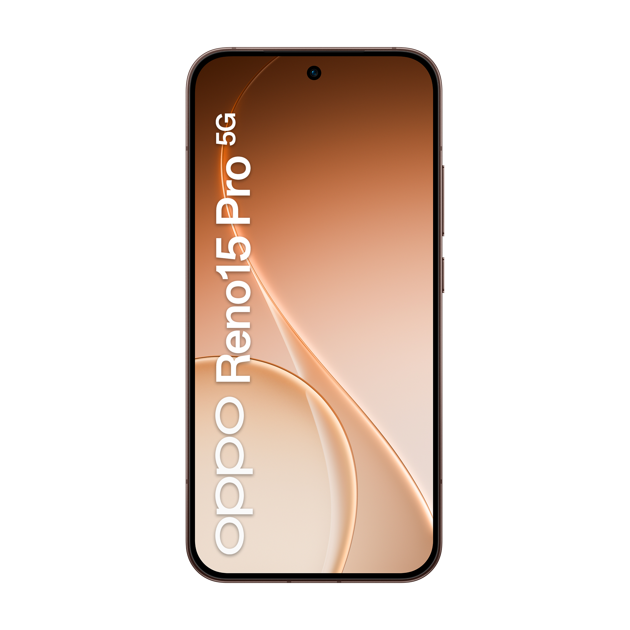 Ciemny smartfon z brązowym tłem i napisem Oppo Reno15 Pro 5G.