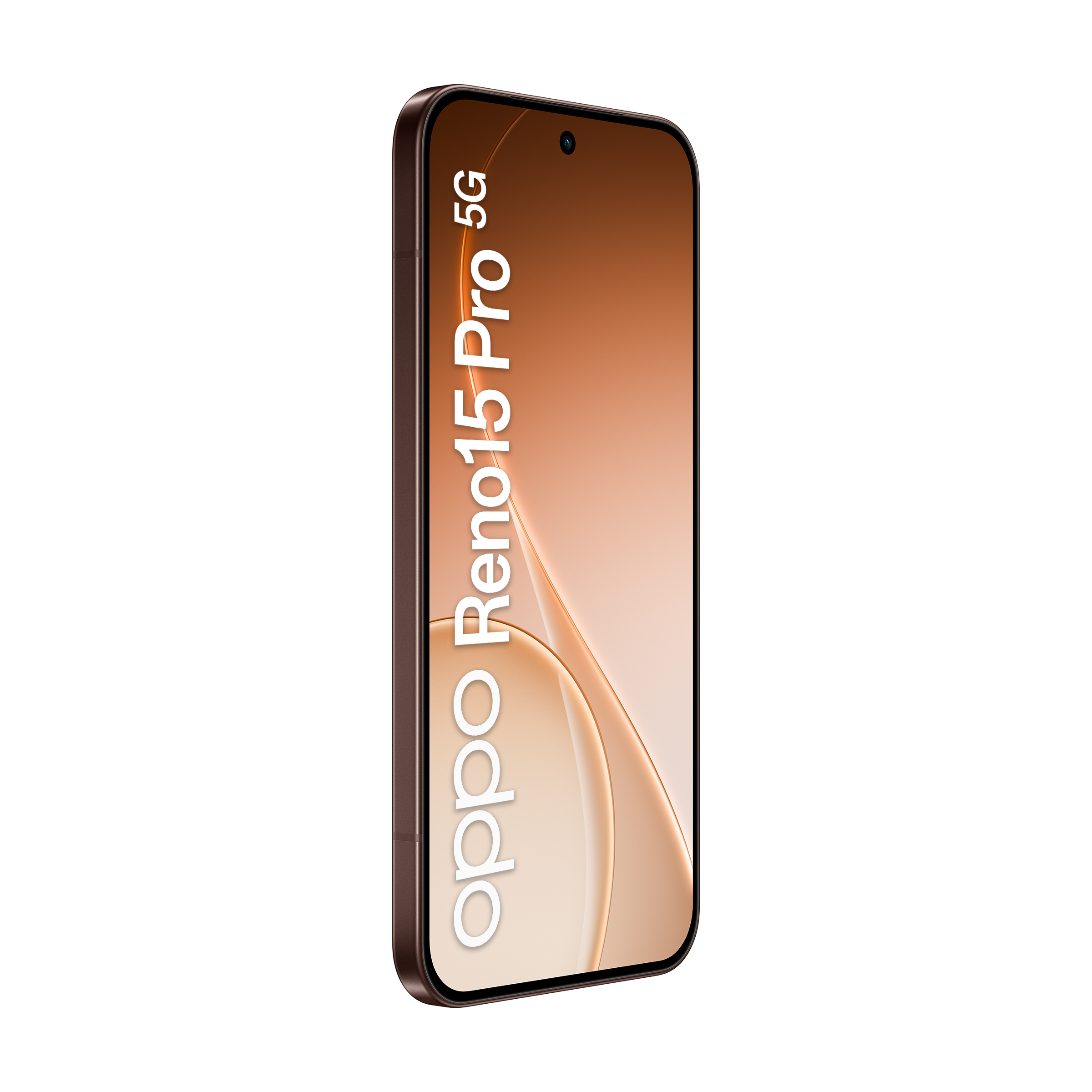 Brązowy smartfon Oppo Reno15 Pro 5G z otworem na aparat na ekranie.
