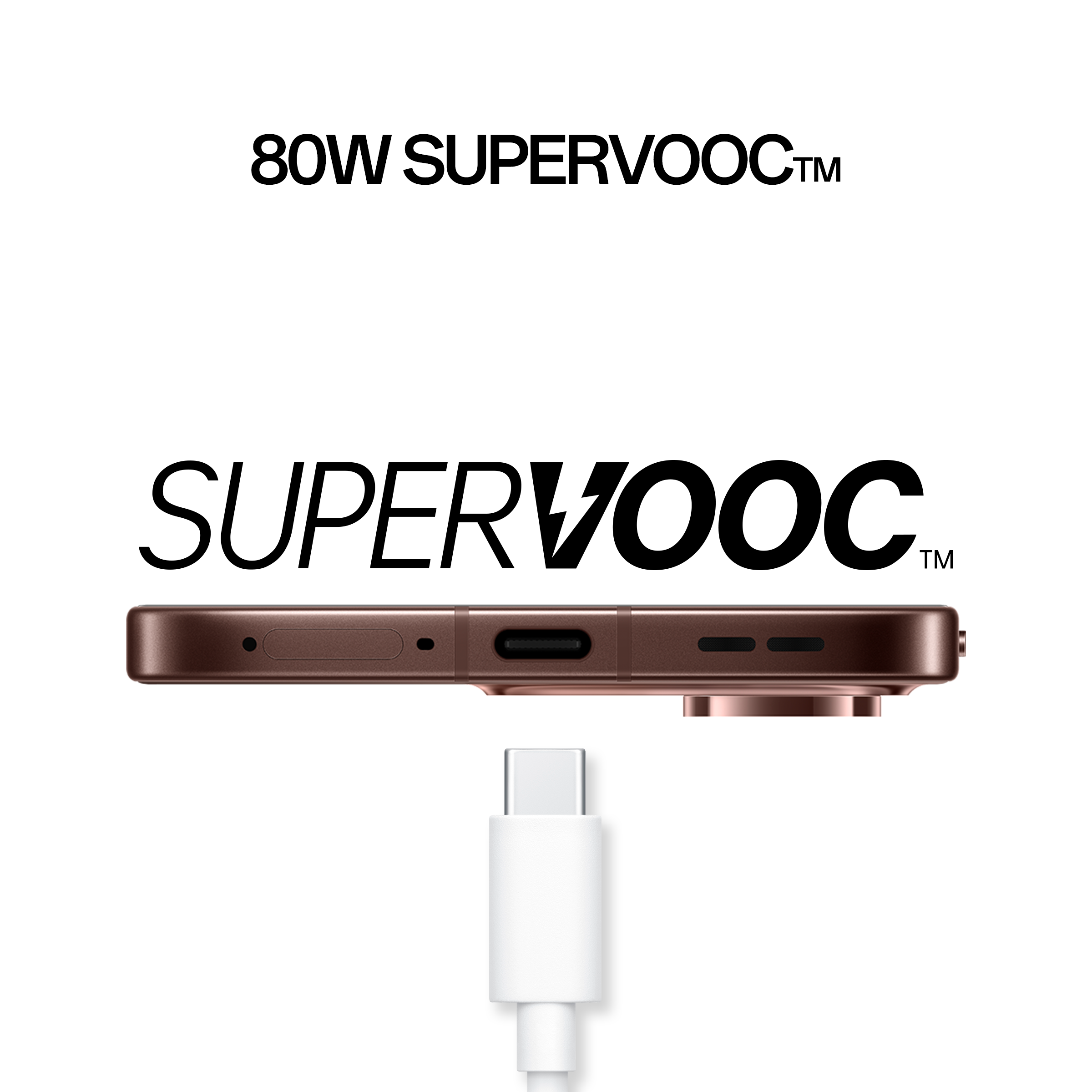 Brązowy smartfon z portem USB-C i białym kablem ładującym.