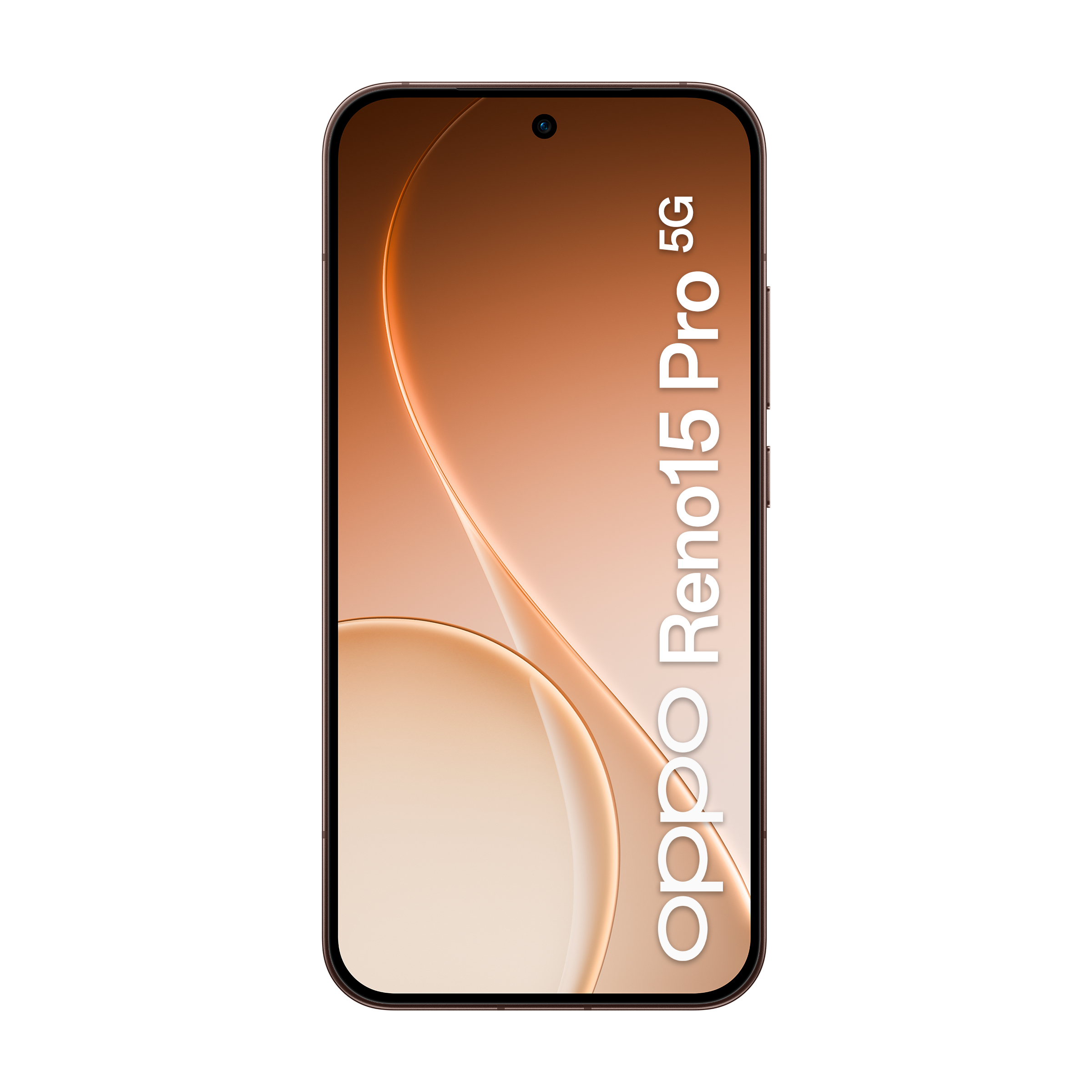 Smartfon Oppo Reno15 Pro 5G z brązowym tłem i zakrzywionymi liniami.
