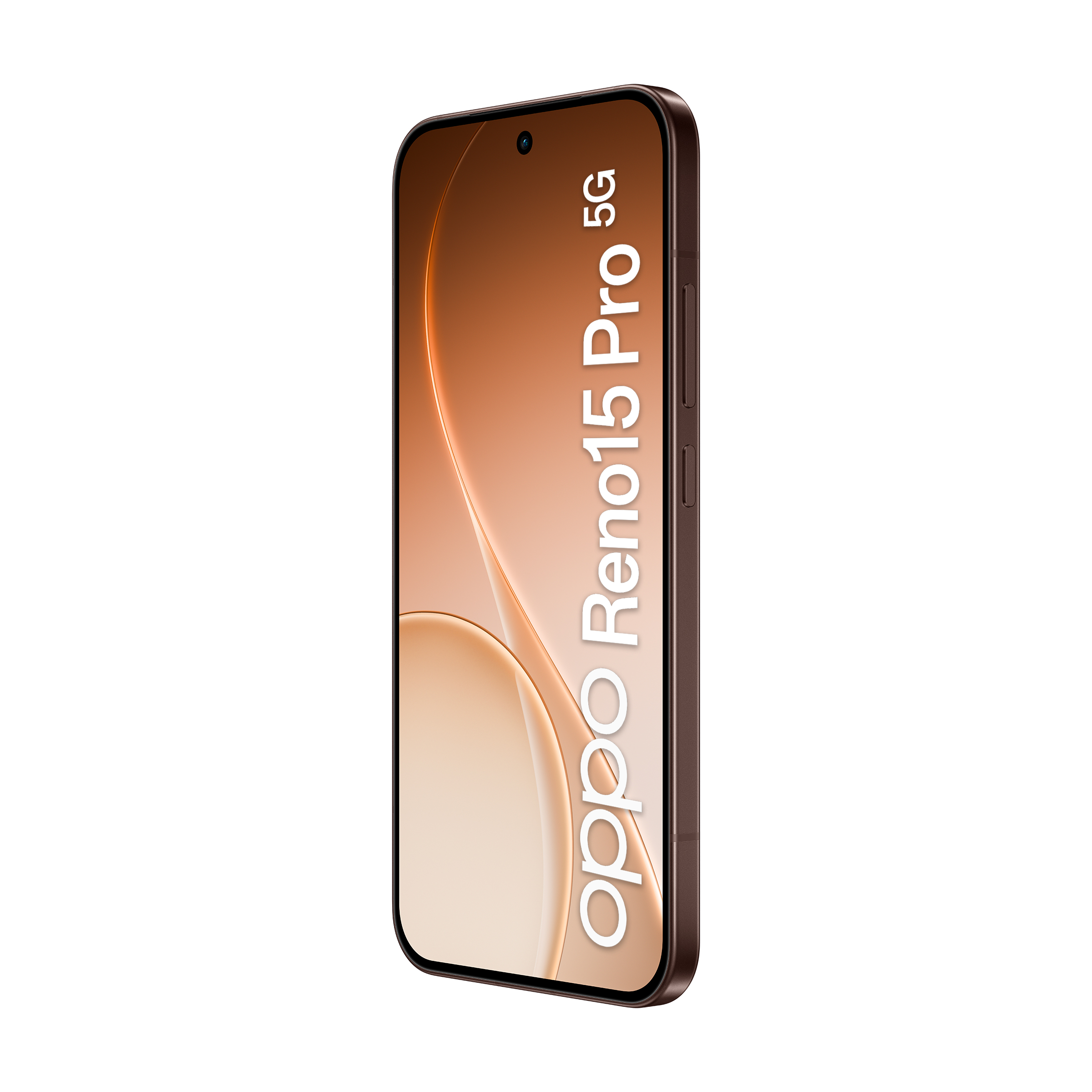 Brązowy smartfon wyświetlający Oppo Reno15 Pro 5G na ekranie.