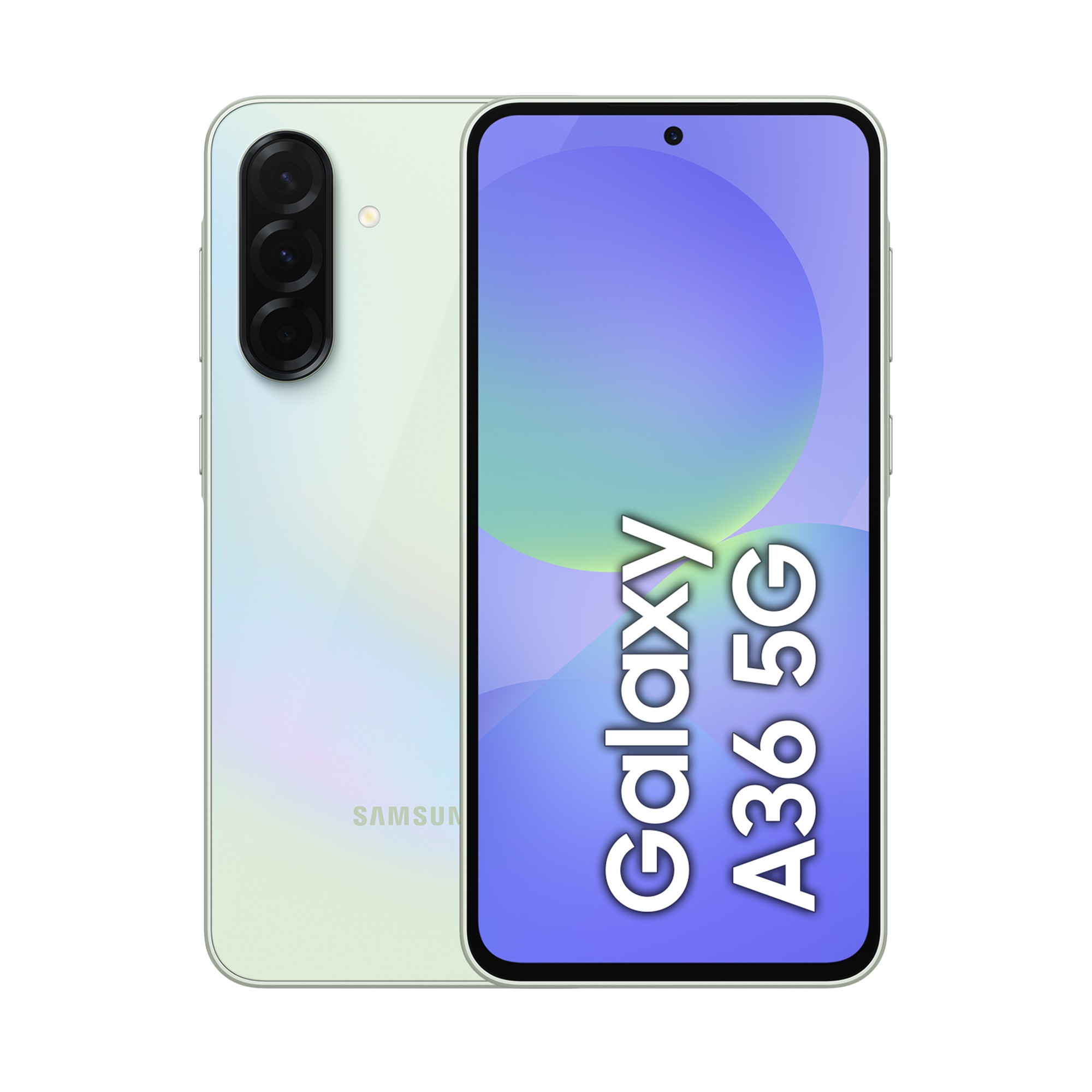Jasnozielony smartfon Samsung Galaxy A36 5G z trzema aparatami z tyłu.