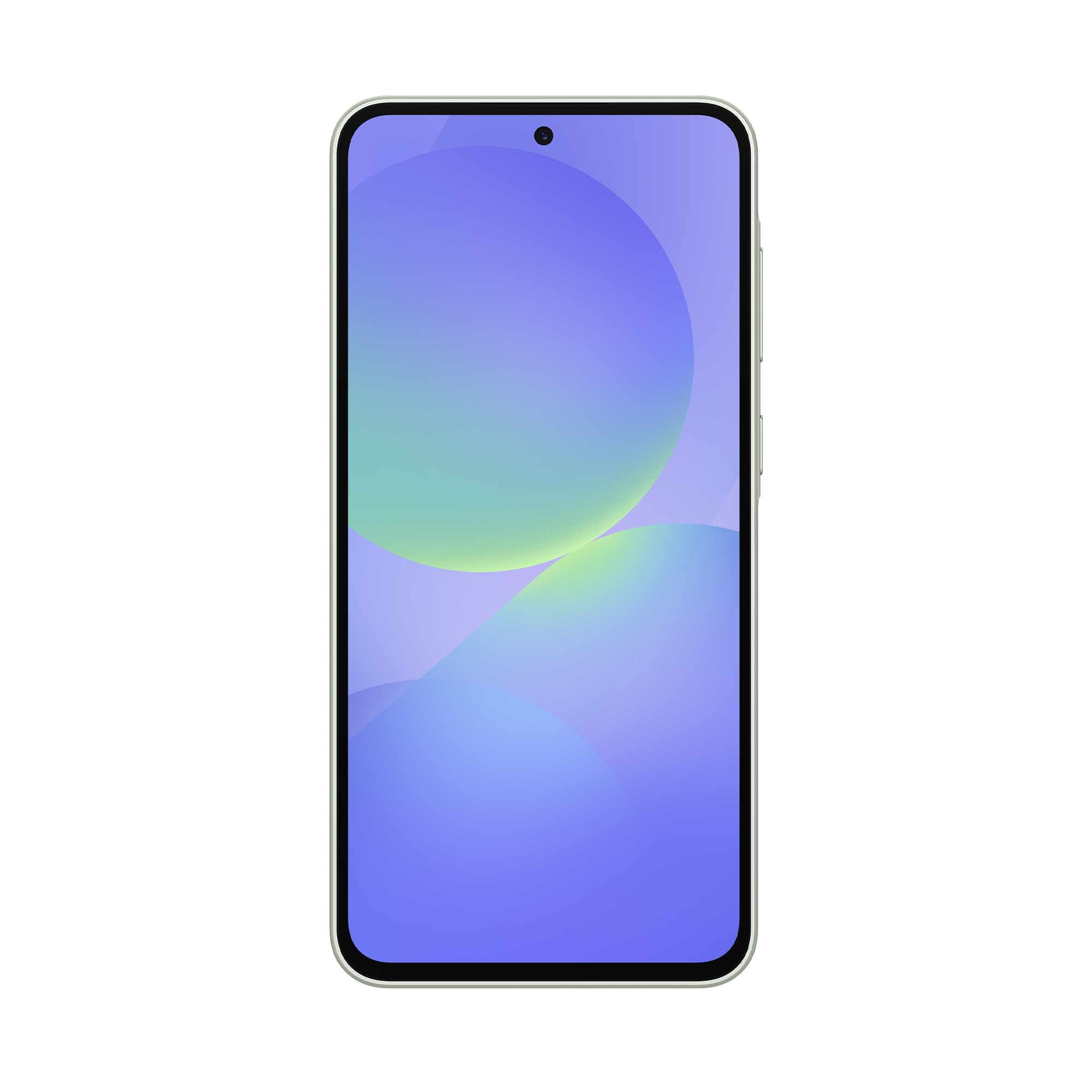 Jasnozielony smartfon z abstrakcyjnym fioletowo-zielonym tłem.